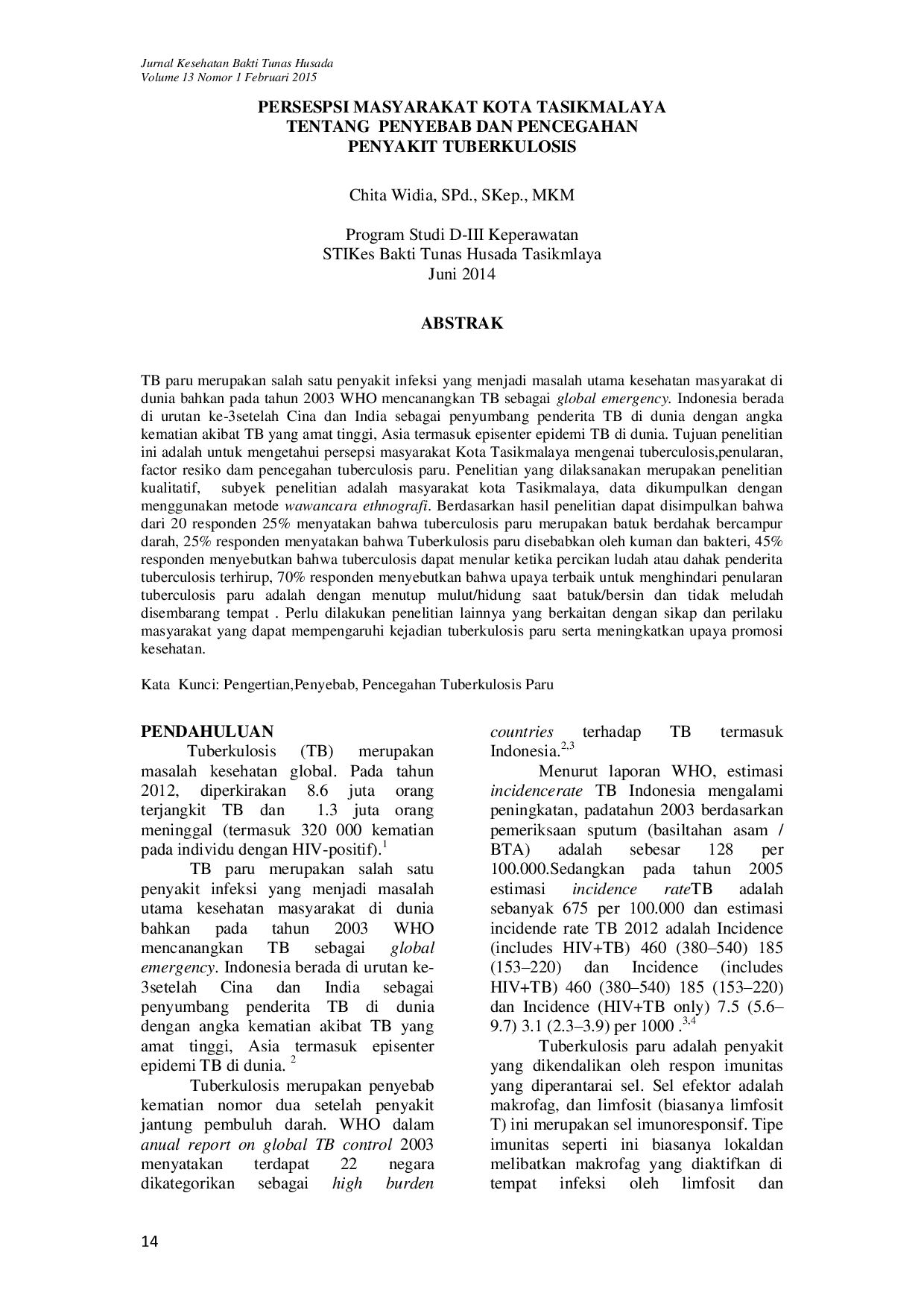JURIS Persepsi Masyarakat Kota Tasikmalaya Tentang Penyebab dan Pencegahan Penyakit Tuberkulosis