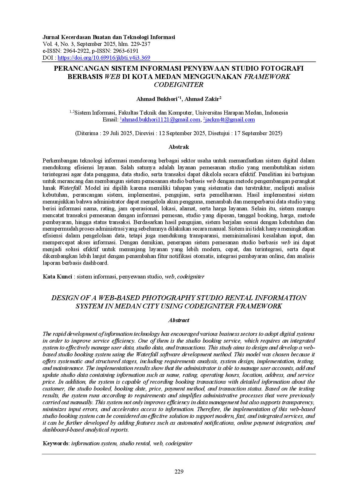 juris Perancangan Sistem Informasi Penyewaan Studio Fotografi Berbasis Web Di Kota Medan Menggunakan Framework Codeigniter