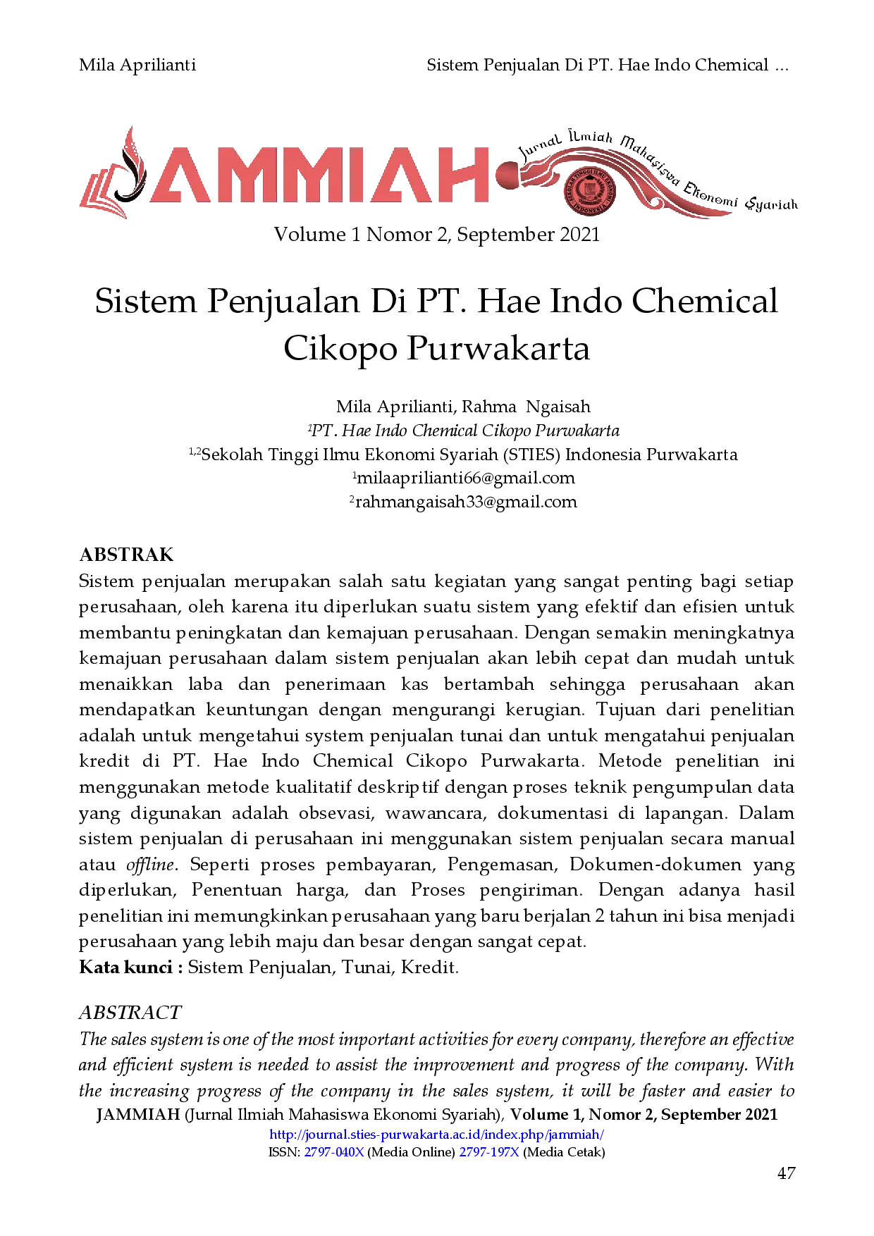 juris Sistem Penjualan Di PT Hae Indo Chemical Cikopo Purwakarta