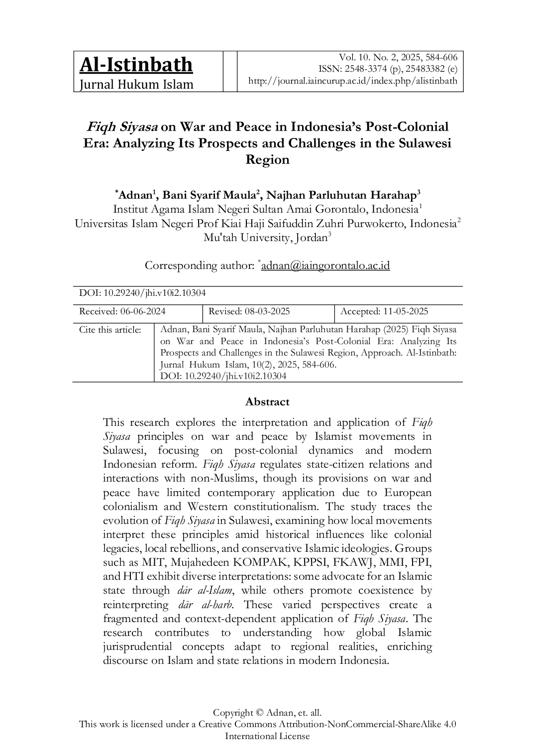 JURIS Fiqh Siyasa on War and Peace in Indonesia s Post Colonial Era Analyzing Its Prospects and Challenges in the Sulawesi Region