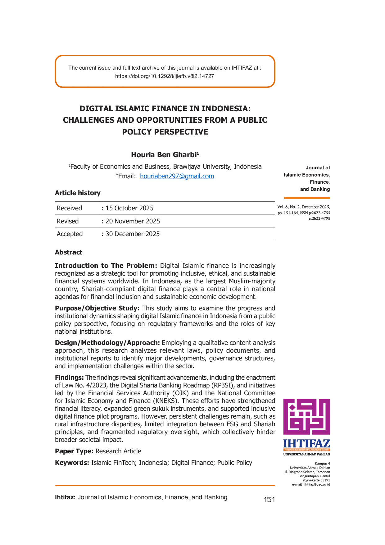 JURIS Digital Islamic Finance In Indonesia Challenges and Opportunities From A Public Policy Perspective