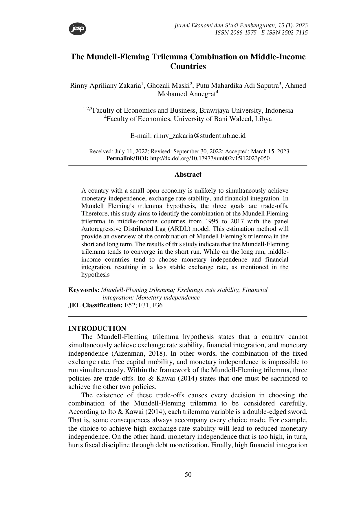 JURIS The Mundell Fleming Trilemma Combination on Middle Income Countries
