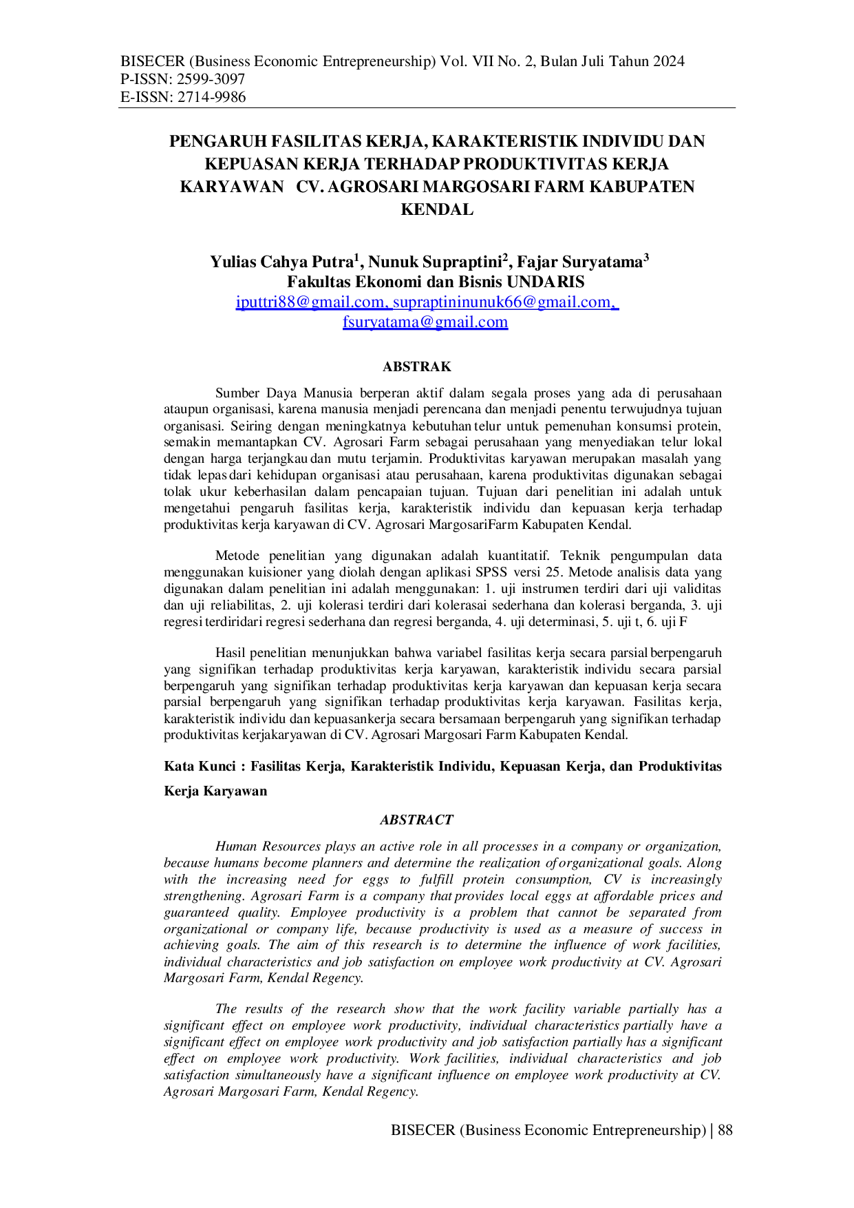 JURIS Pengaruh Fasilitas Kerja Karakteristik Individu dan Kepuasan Kerja Terhadap Produktivitas Kerja Karyawan CV Agrosari Margosari Farm Kabupaten Kendal