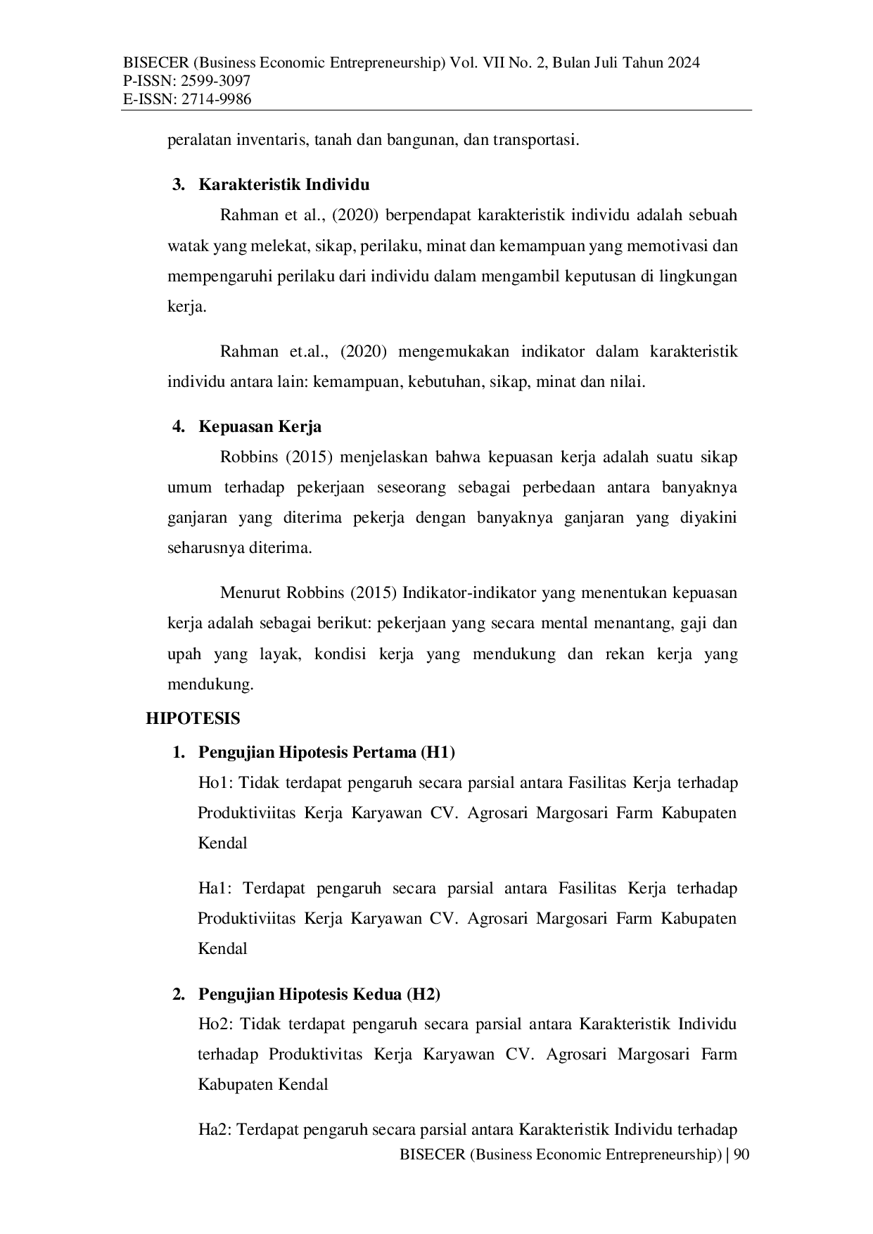 JURIS Pengaruh Fasilitas Kerja Karakteristik Individu dan Kepuasan Kerja Terhadap Produktivitas Kerja Karyawan CV Agrosari Margosari Farm Kabupaten Kendal