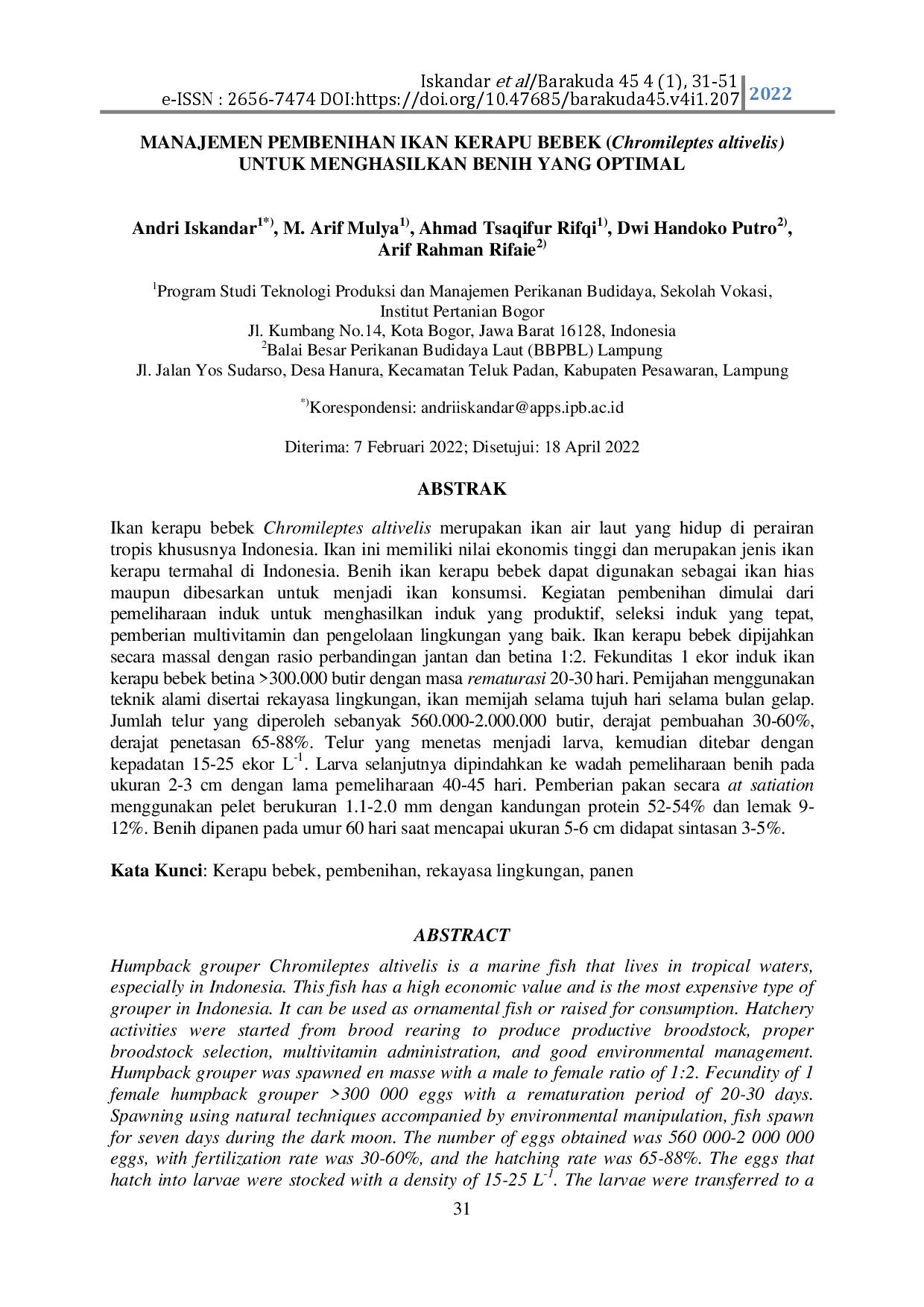 juris Manajemen Pembenihan Ikan Kerapu Bebek Chromileptes Altivelis Untuk Menghasilkan Benih Yang Optimal
