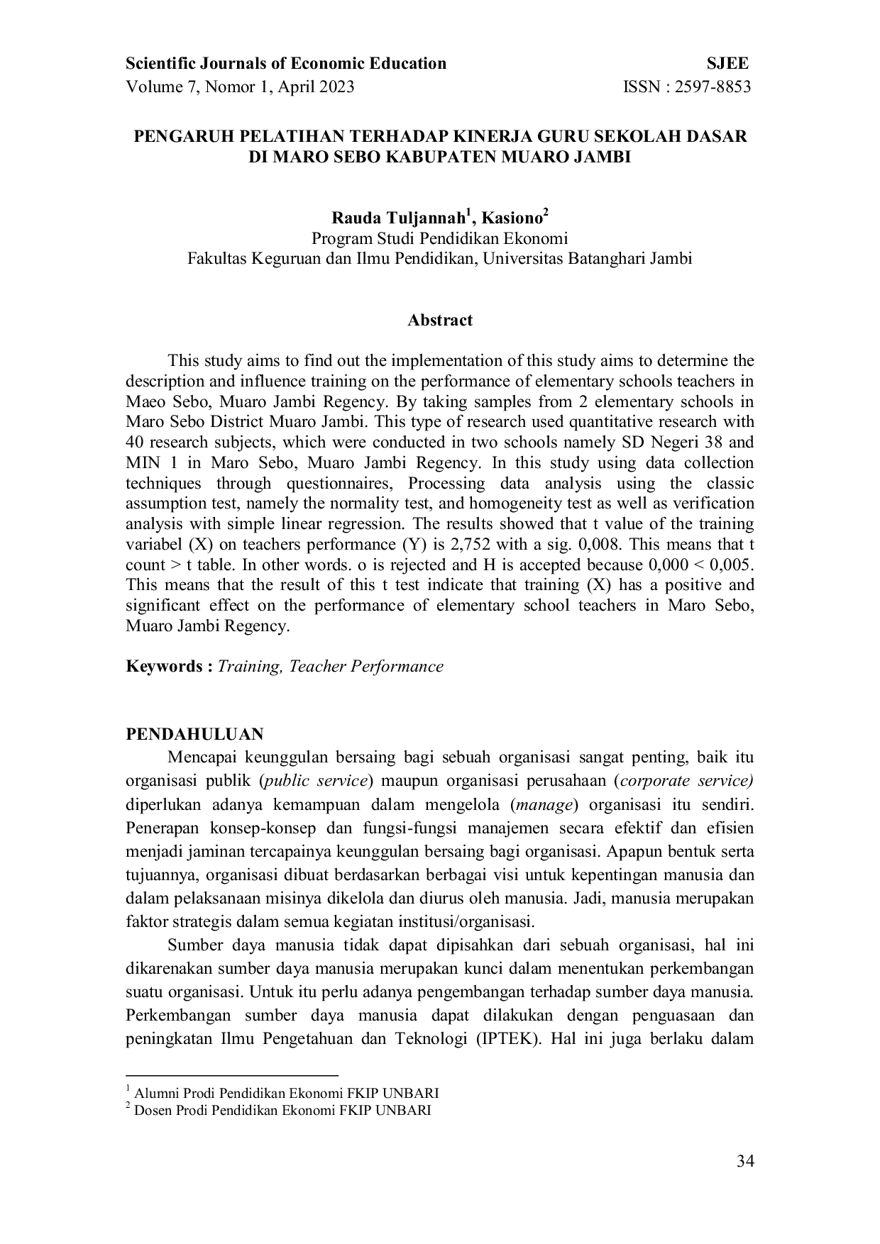 JURIS Pengaruh Pelatihan Terhadap Kinerja Guru Sekolah Dasar di Maro Sebo Kabupaten Muaro Jambi