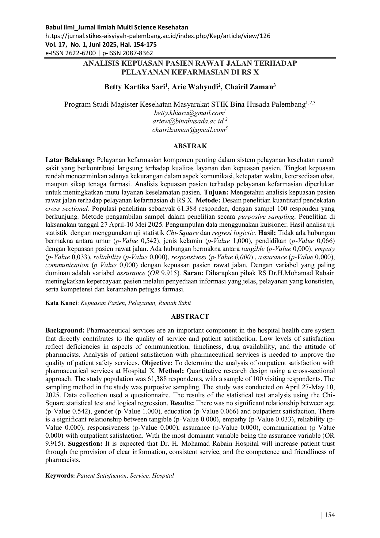 JURIS Analisis Kepuasan Pasien Rawat Jalan Terhadap Pelayanan Kefarmasian di RS X