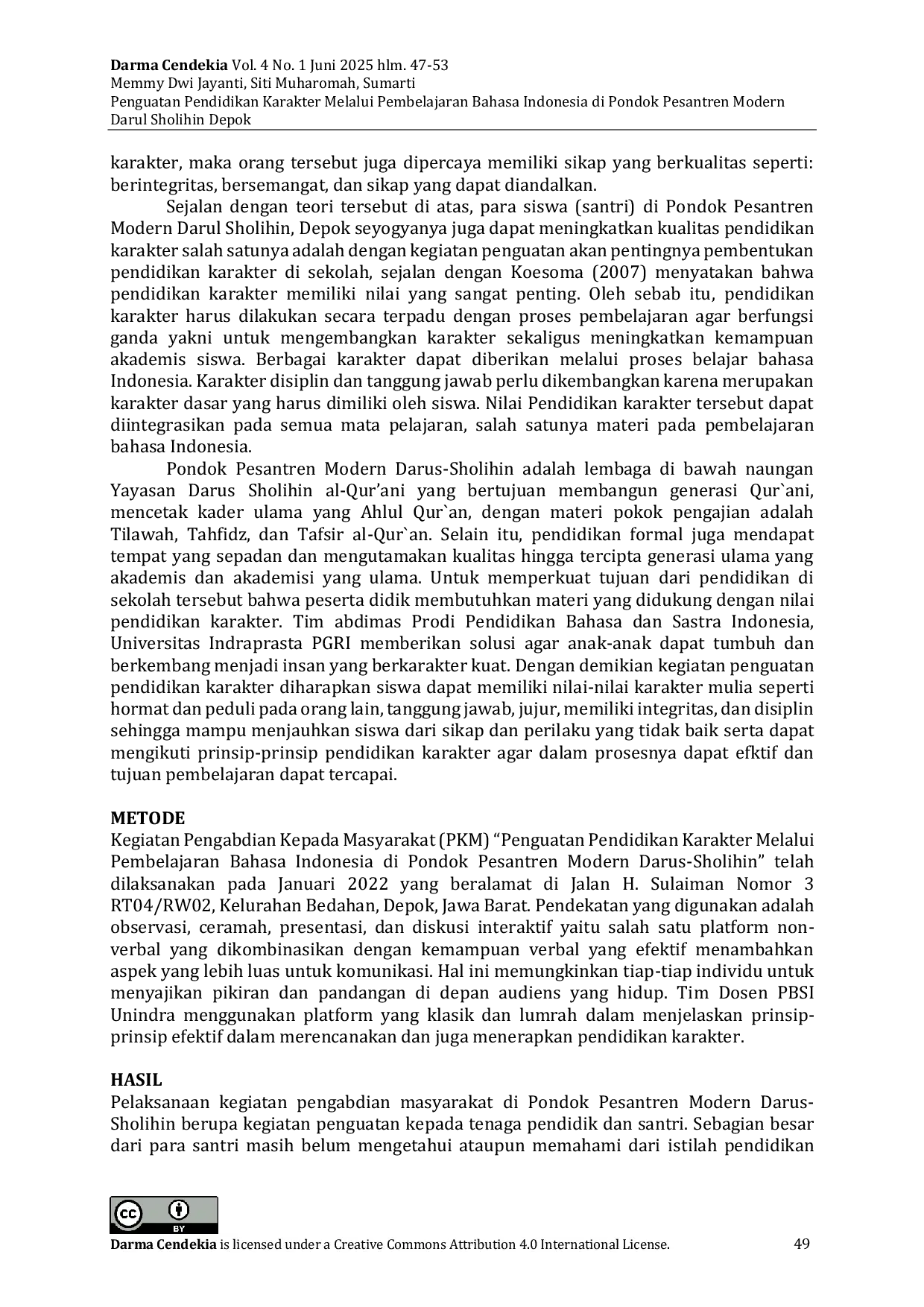 JURIS Penguatan Pendidikan Karakter Melalui Pembelajaran Bahasa Indonesia di Pondok Pesantren Modern Darul Sholihin Depok