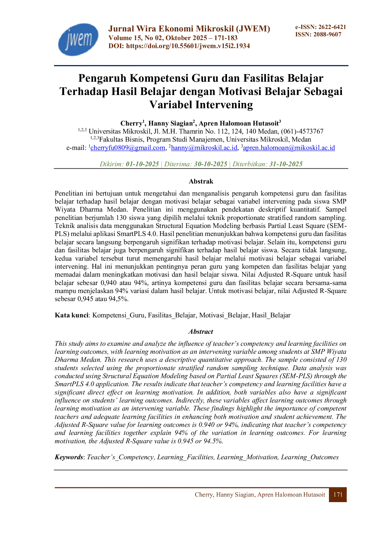 JURIS Pengaruh Kompetensi Guru dan Fasilitas Belajar Terhadap Hasil Belajar dengan Motivasi Belajar Sebagai Variabel Intervening