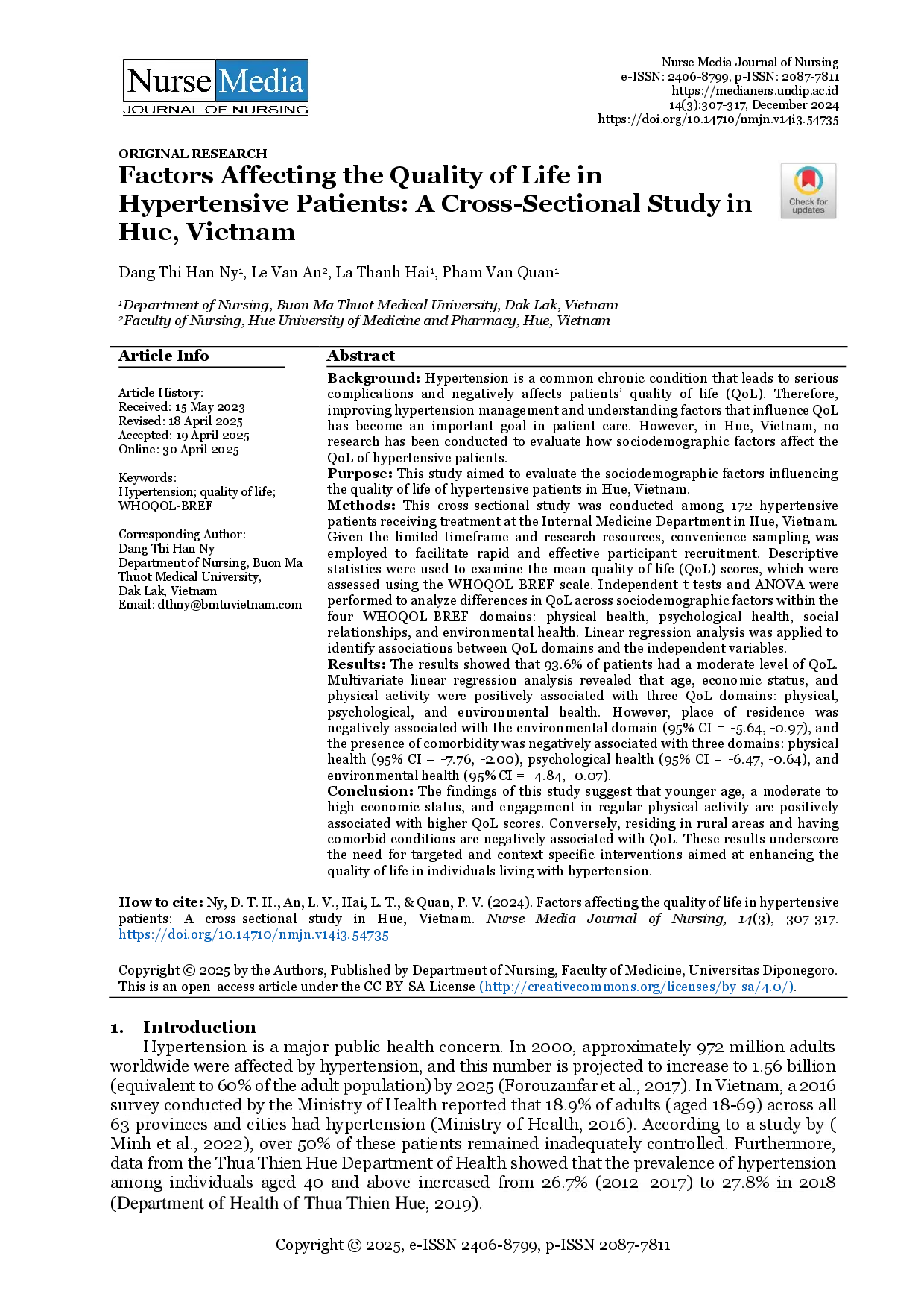 juris Factors Affecting the Quality of Life in Hypertensive Patients A Cross Sectional Study in Hue Vietnam