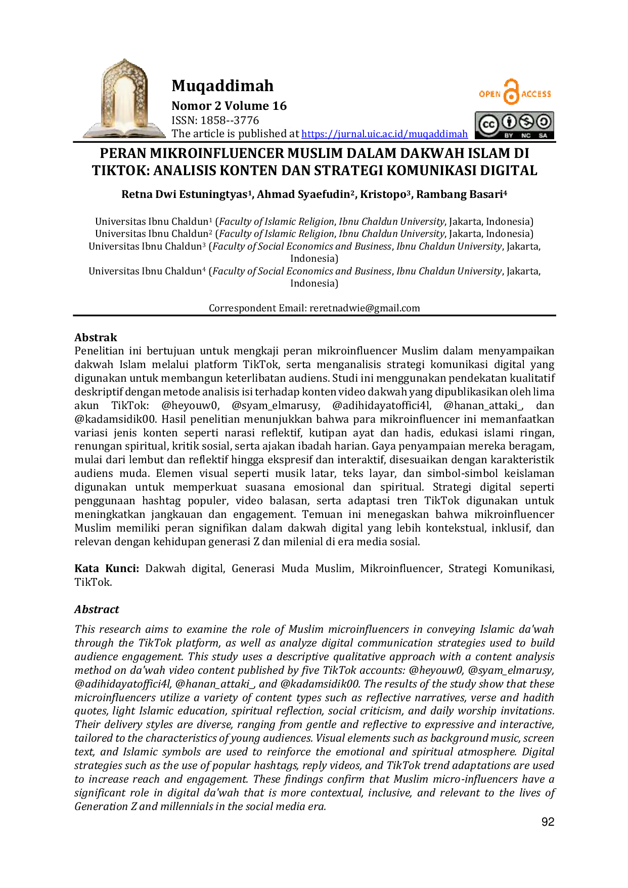 JURIS Peran Mikroinfluencer Muslim dalam Dakwah Islam di TikTok Analisis Konten dan Strategi Komunikasi Digital