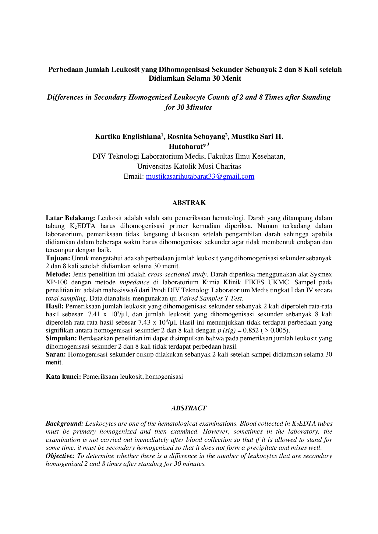 JURIS Perbedaan Jumlah Leukosit yang Dihomogenisasi Sekunder Sebanyak 2 dan 8 Kali setelah Didiamkan Selama 30 Menit