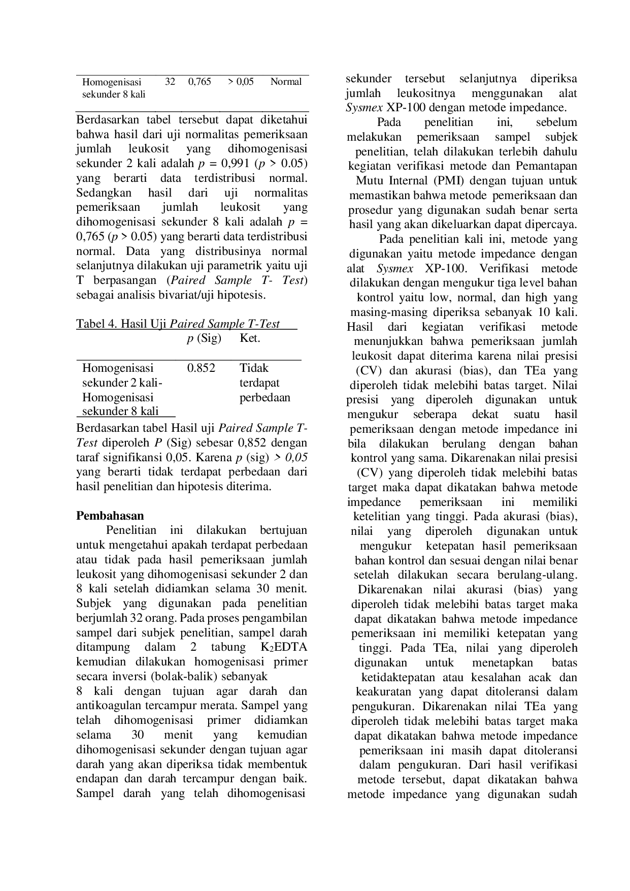 JURIS Perbedaan Jumlah Leukosit yang Dihomogenisasi Sekunder Sebanyak 2 dan 8 Kali setelah Didiamkan Selama 30 Menit