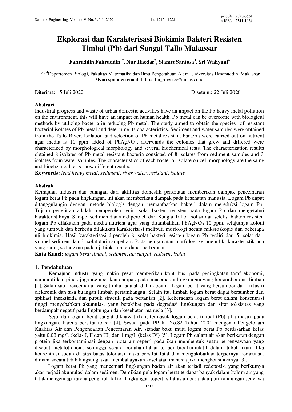 JURIS Ekplorasi dan Karakterisasi Biokimia Bakteri Resisten Timbal Pb dari Sungai Tallo Makassar