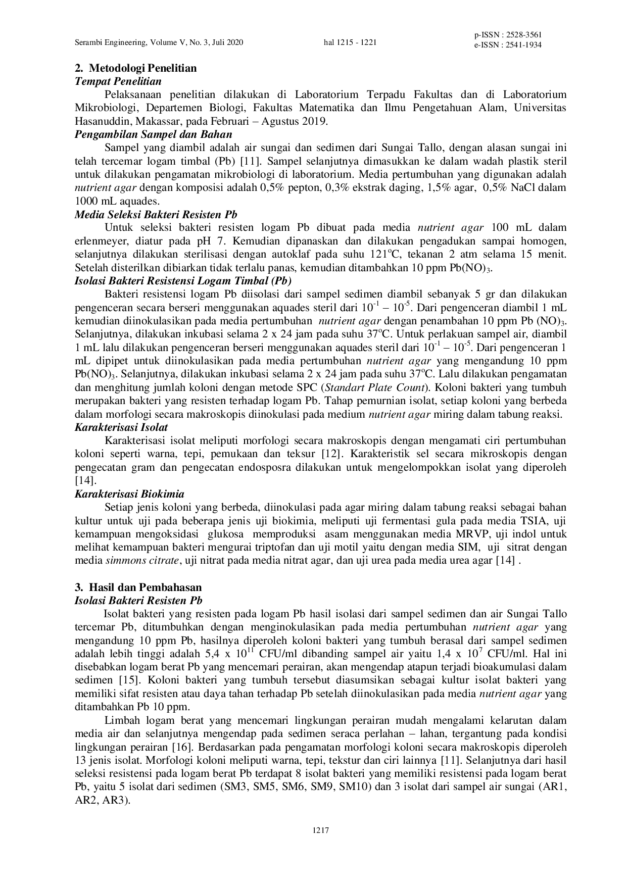 JURIS Ekplorasi dan Karakterisasi Biokimia Bakteri Resisten Timbal Pb dari Sungai Tallo Makassar