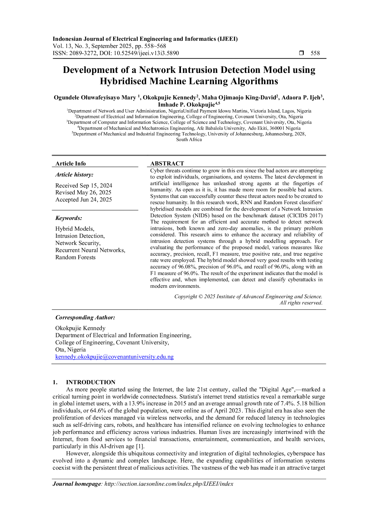 JURIS Development of a Network Intrusion Detection Model using Hybridised Machine Learning Algorithms