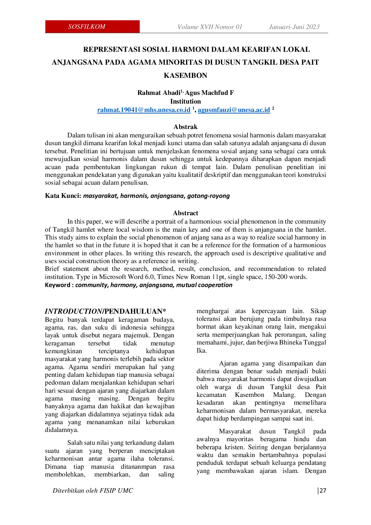 JURIS Representasi Sosial Harmoni Dalam Kearifan Lokal Anjangsana Pada Agama Minoritas Di Dusun Tangkil Desa Pait Kasembon