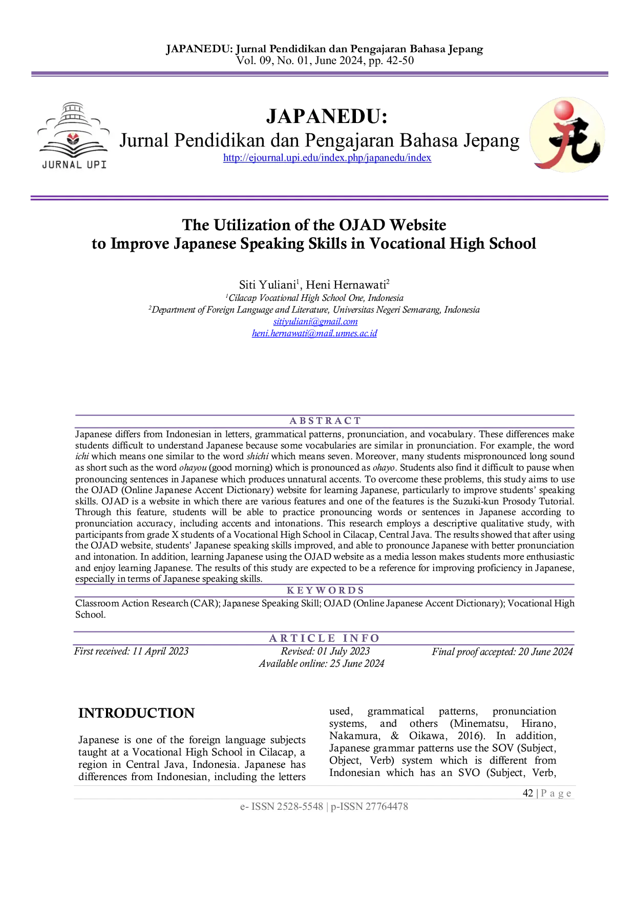 JURIS The Utilization of the OJAD Website to Improve Japanese Speaking Skills in Vocational High School