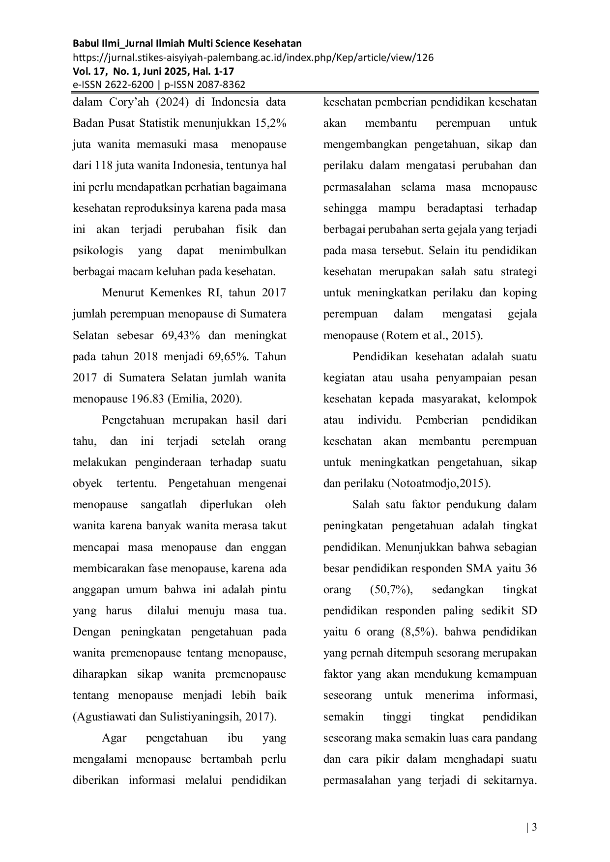JURIS Pengaruh Pendidikan Kesehatan Terhadap Pengetahuan Tentang Menopause