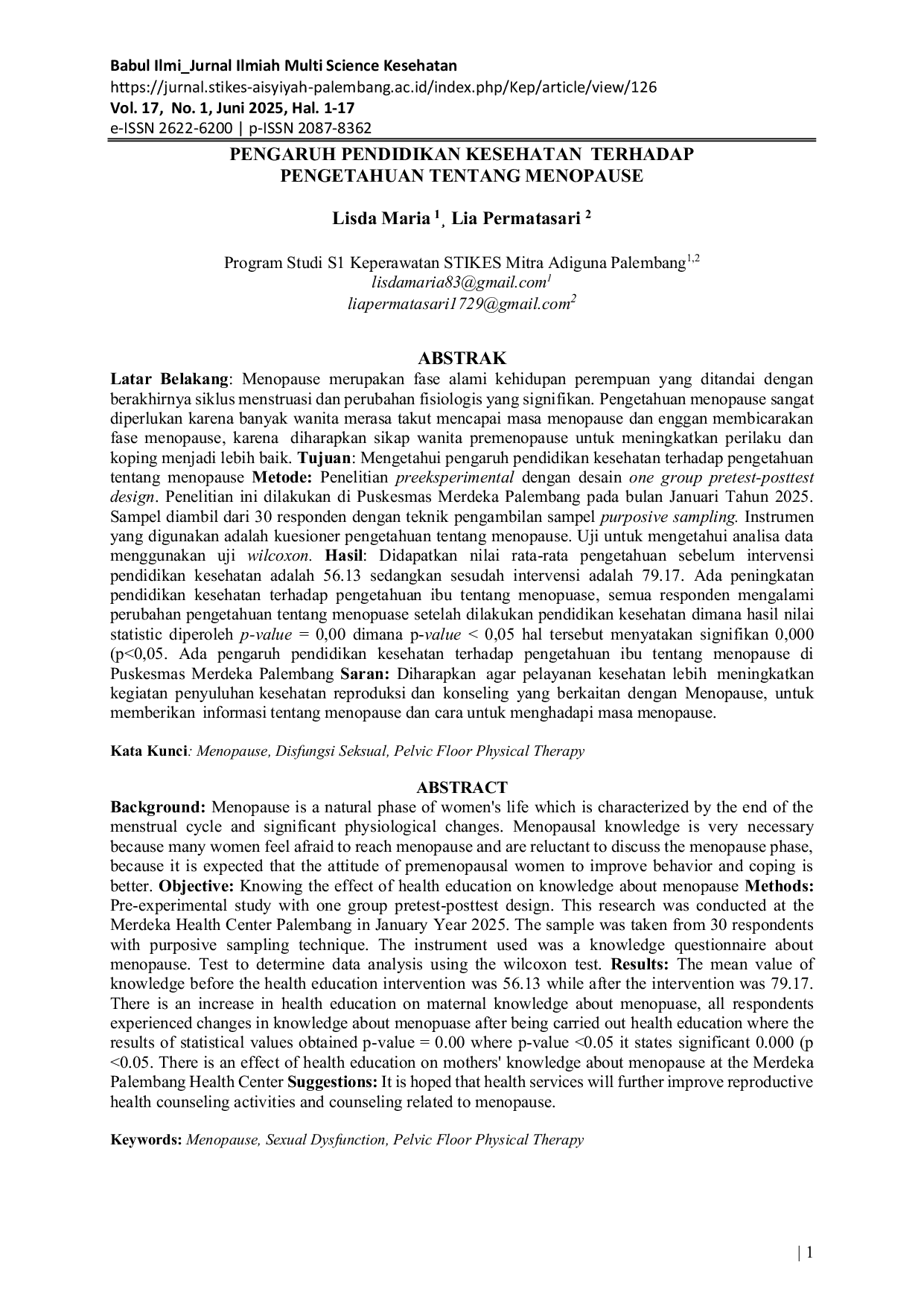 JURIS Pengaruh Pendidikan Kesehatan Terhadap Pengetahuan Tentang Menopause