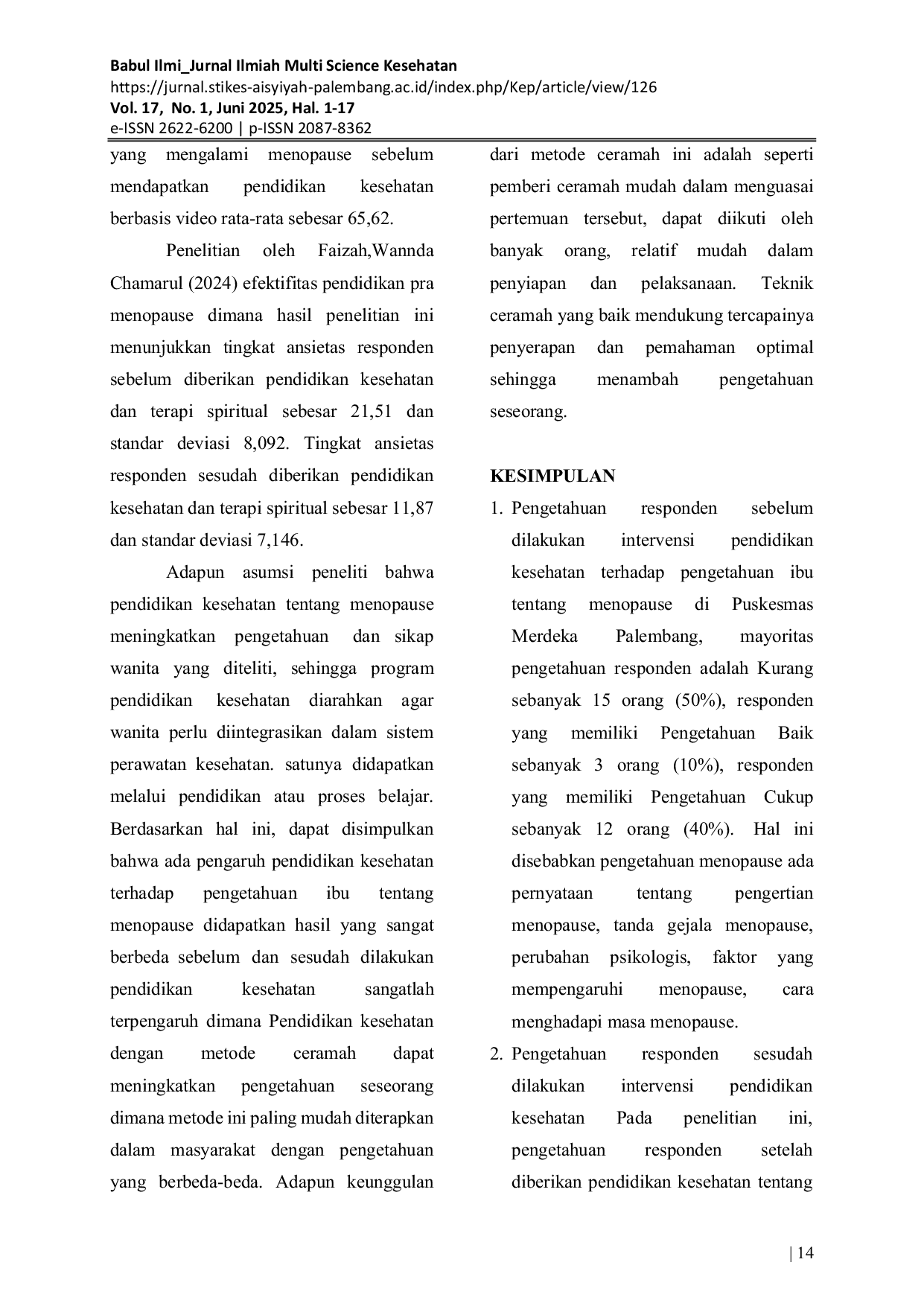 JURIS Pengaruh Pendidikan Kesehatan Terhadap Pengetahuan Tentang Menopause