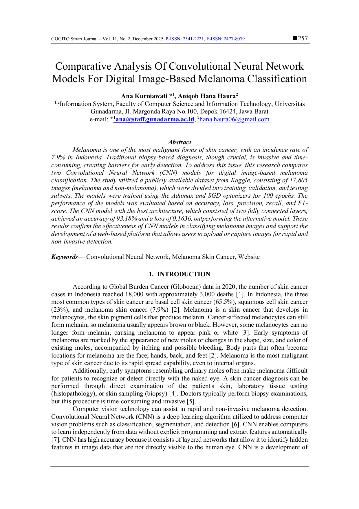 JURIS Comparative Analysis Of Convolutional Neural Network Models For Digital Image Based Melanoma Classification