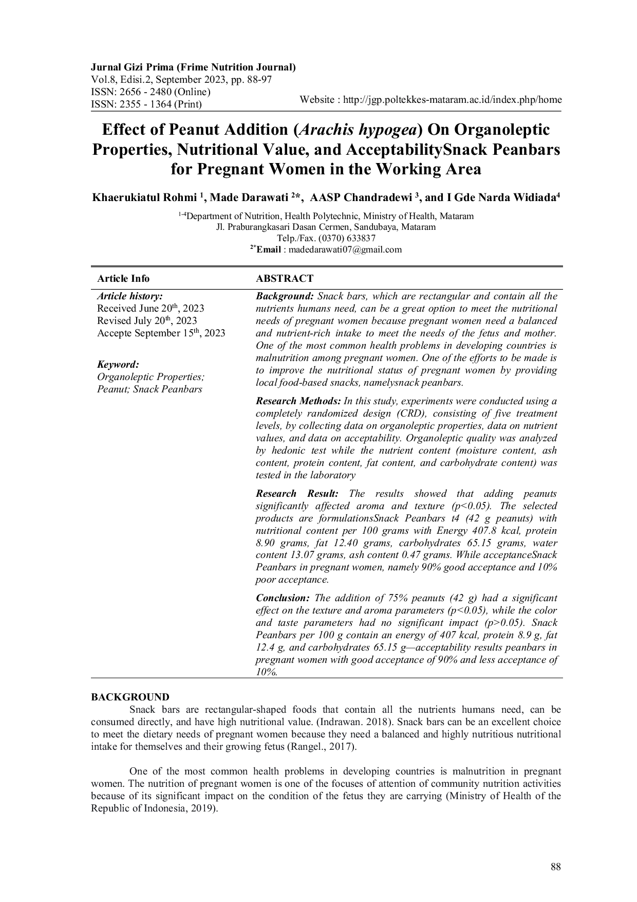 JURIS Effect of Peanut Addition Arachis hypogea On Organoleptic Properties Nutritional Value and AcceptabilitySnack Peanbars for Pregnant Women in the Working Area
