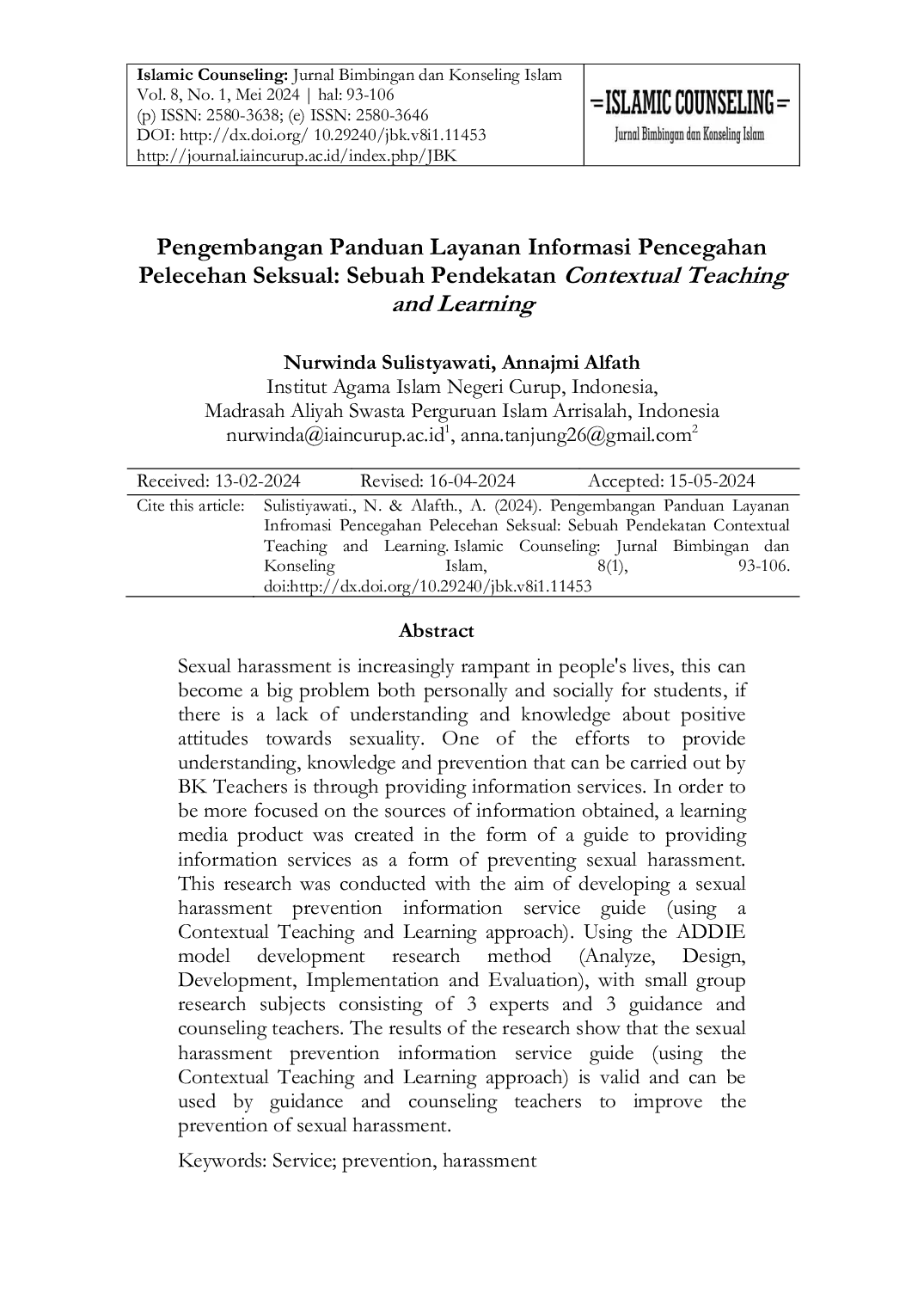 JURIS Pengembangan Panduan Layanan Informasi Pencegahan Pelecehan Seksual Sebuah Pendekatan Contextual Teaching and Learning