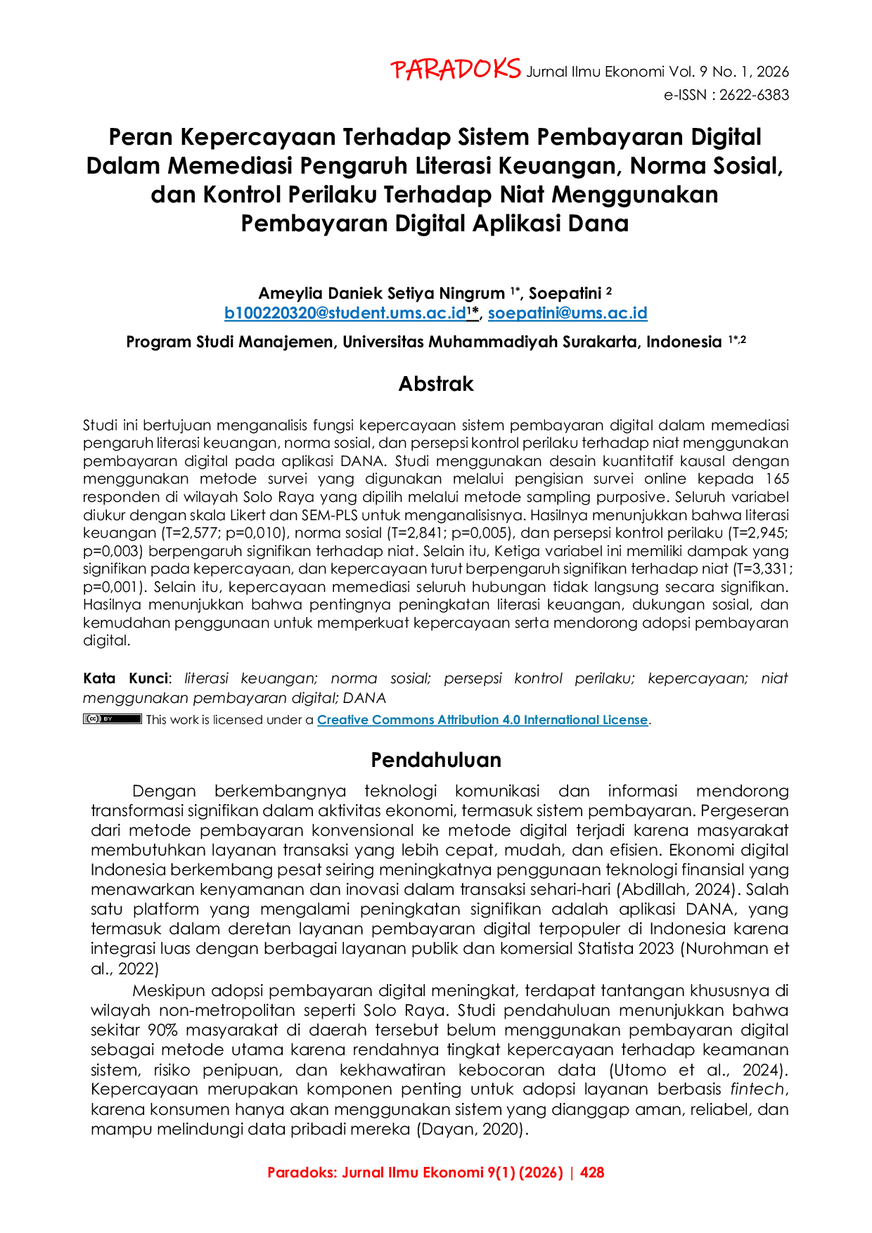 JURIS Peran Kepercayaan Terhadap Sistem Pembayaran Digital Dalam Memediasi Pengaruh Literasi Keuangan Norma Sosial dan Kontrol Perilaku Terhadap Niat Menggunakan Pembayaran Digital Aplikasi Dana