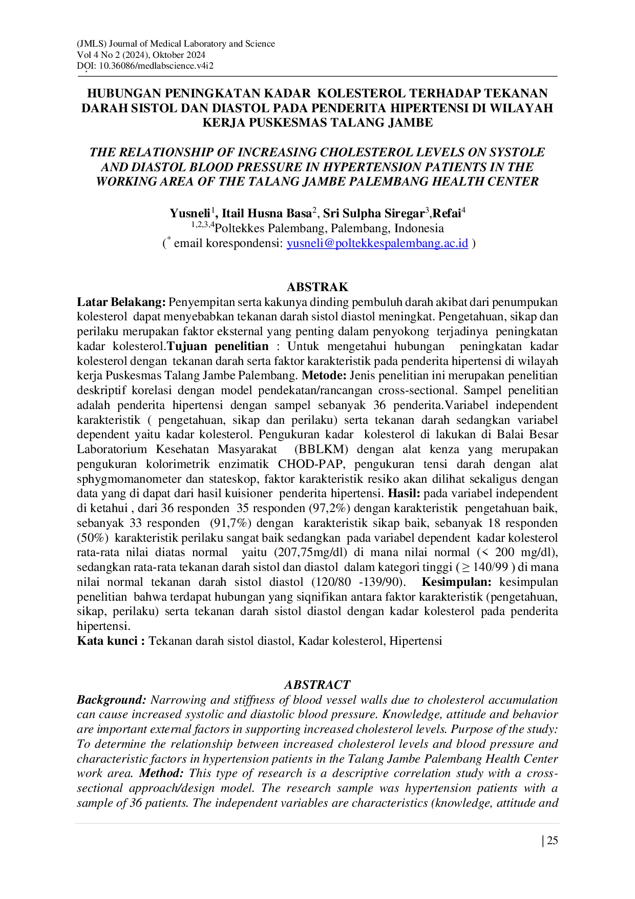 JURIS Hubungan Peningkatan Kadar Kolesterol Terhadap Tekanan Darah Sistol Dan Diastol Pada Penderita Hipertensi Di Wilayah Kerja Puskesmas Talang Jambe