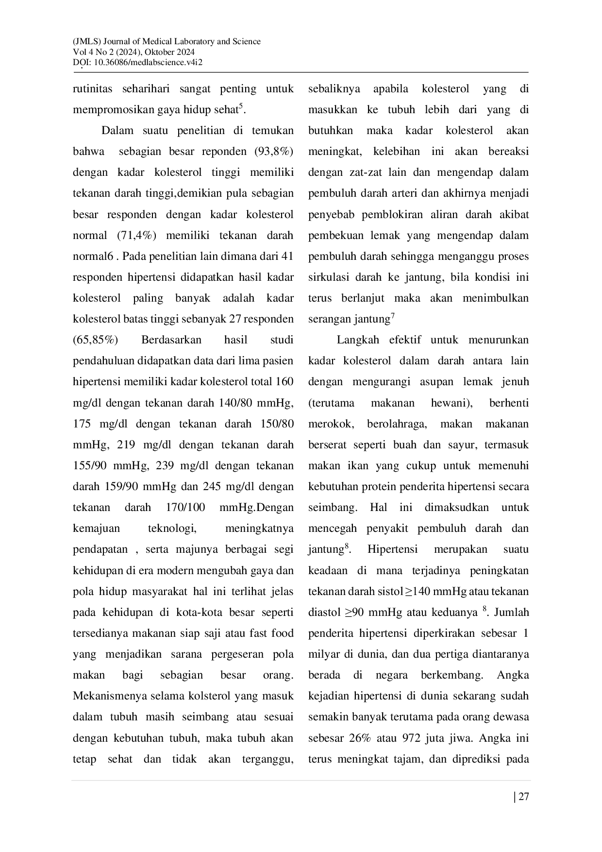 JURIS Hubungan Peningkatan Kadar Kolesterol Terhadap Tekanan Darah Sistol Dan Diastol Pada Penderita Hipertensi Di Wilayah Kerja Puskesmas Talang Jambe