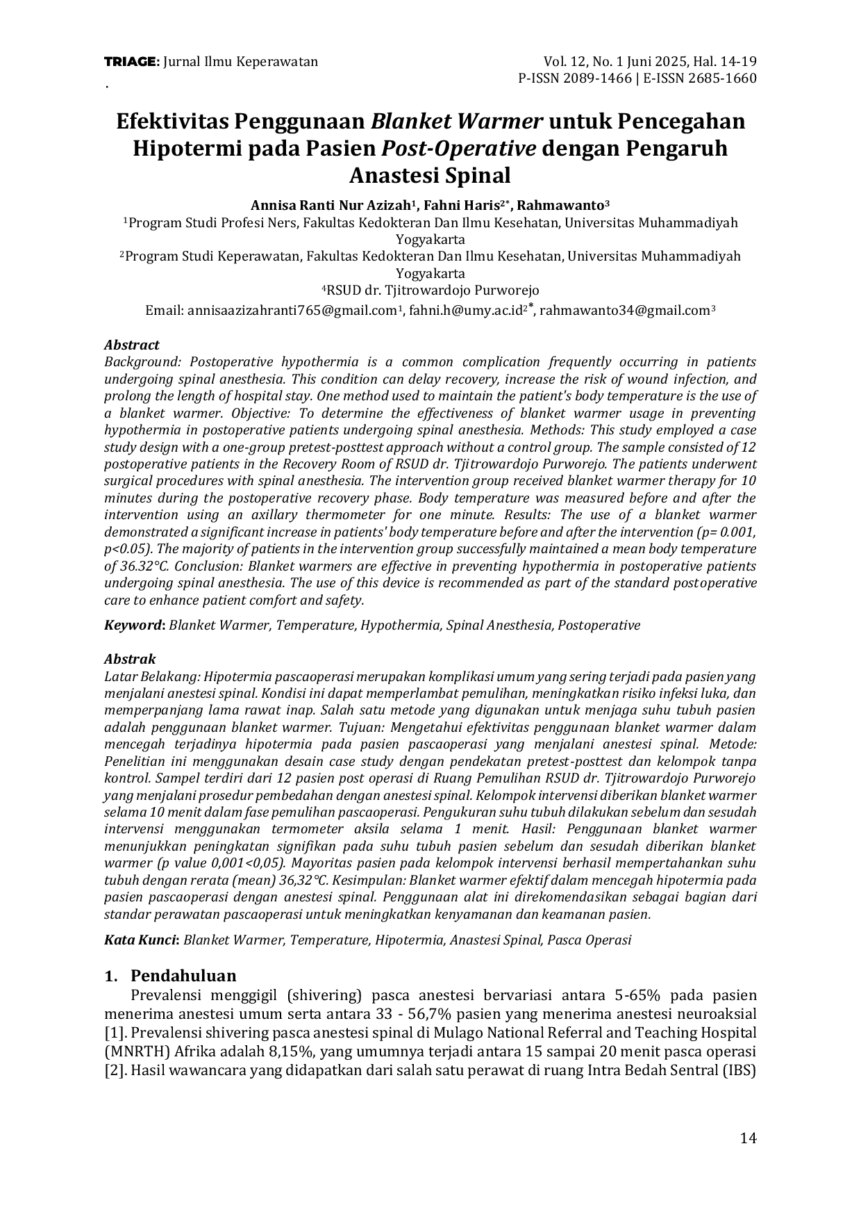 JURIS Efektivitas Penggunaan Blanket Warmer untuk Pencegahan Hipotermi pada Pasien Post Operative dengan Pengaruh Anastesi Spinal