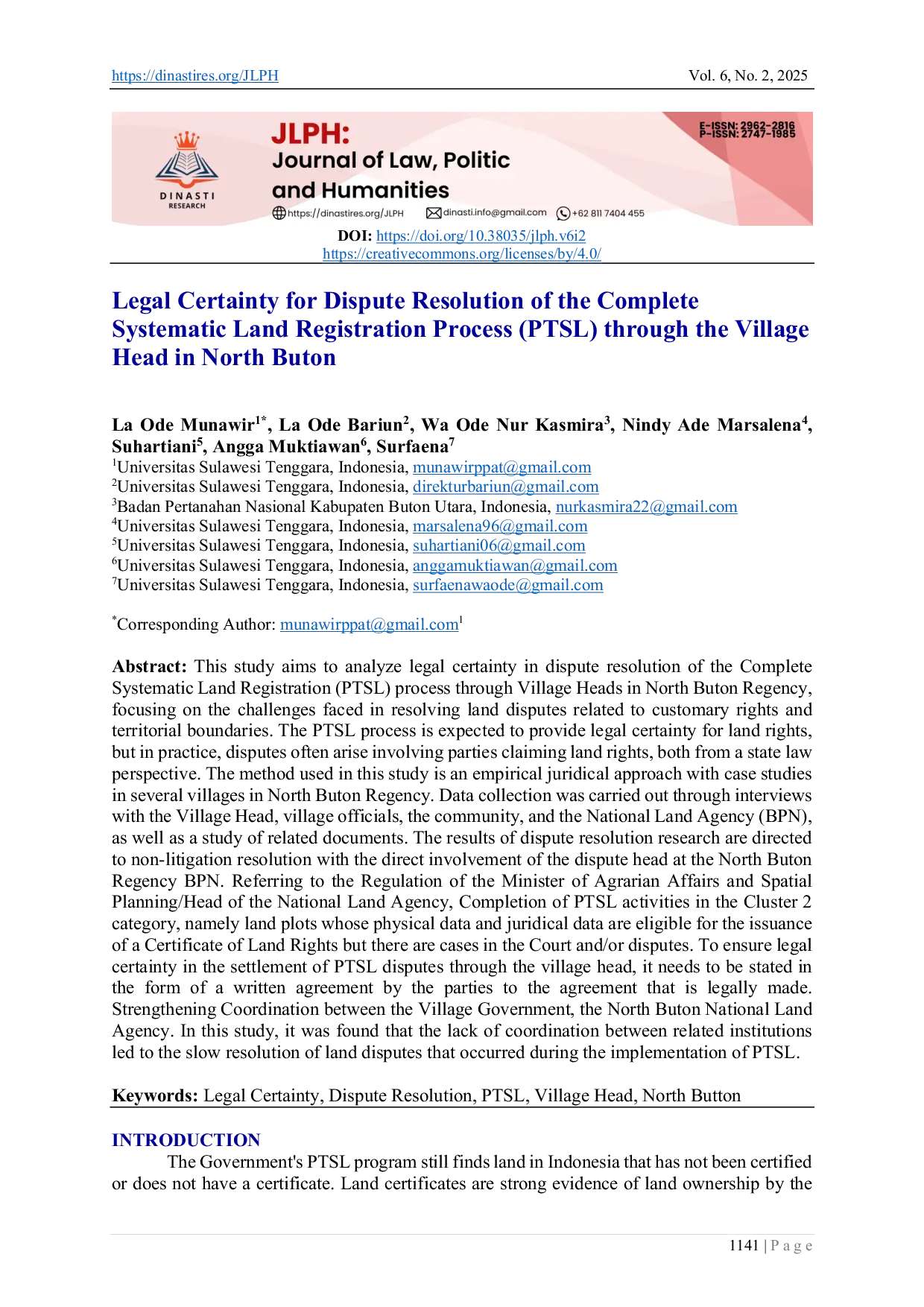 JURIS Legal Certainty for Dispute Resolution of the Complete Systematic Land Registration Process PTSL through the Village Head in North Buton