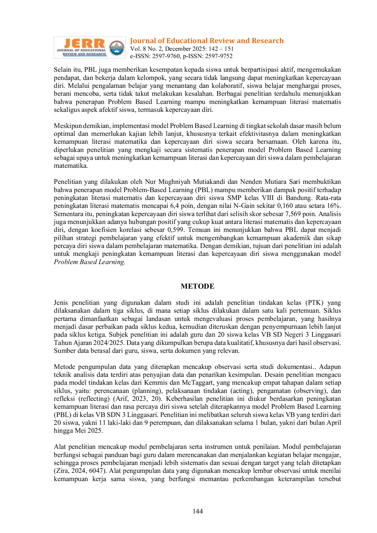 JURIS Peningkatan Kemampuan Literasi dan Kepercayaan Diri Siswa Menggunakan Model Problem Based Learning