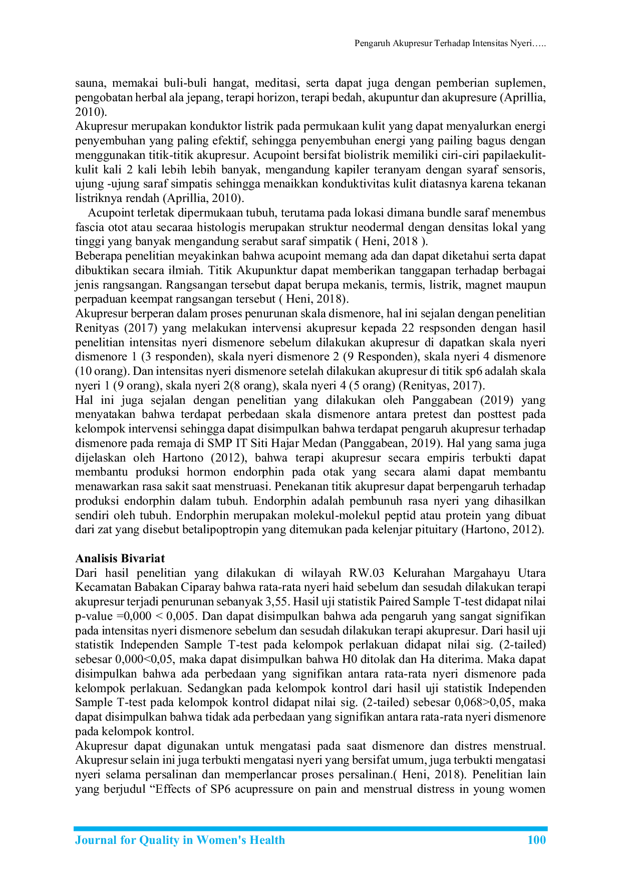 JURIS Pengaruh Akupresur Terhadap Intensitas Nyeri Dismenore Pada Remaja Putri Di Wilayah Rw 03 Kelurahan Margahayu Utara Kecamatan Babakan Ciparay Kota Bandung