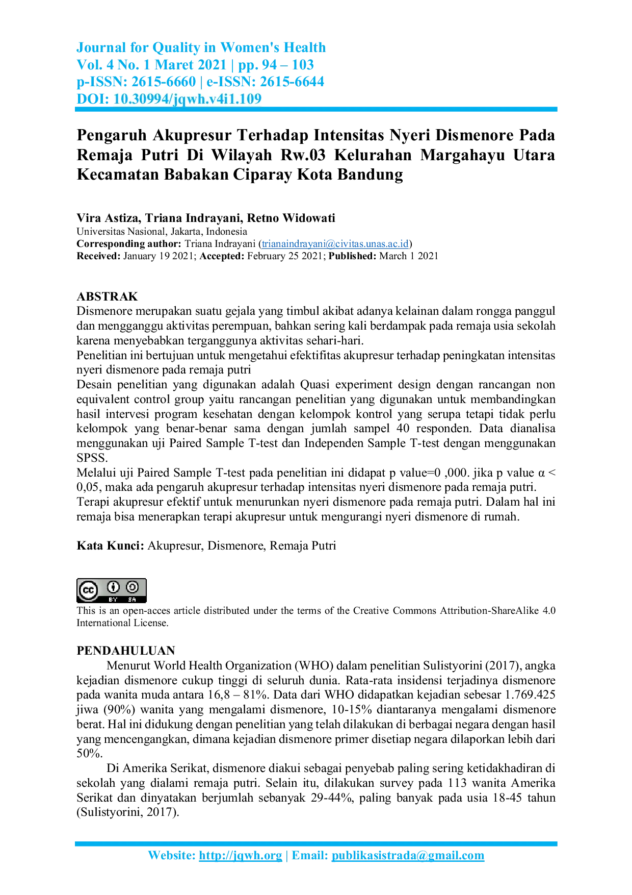 JURIS Pengaruh Akupresur Terhadap Intensitas Nyeri Dismenore Pada Remaja Putri Di Wilayah Rw 03 Kelurahan Margahayu Utara Kecamatan Babakan Ciparay Kota Bandung