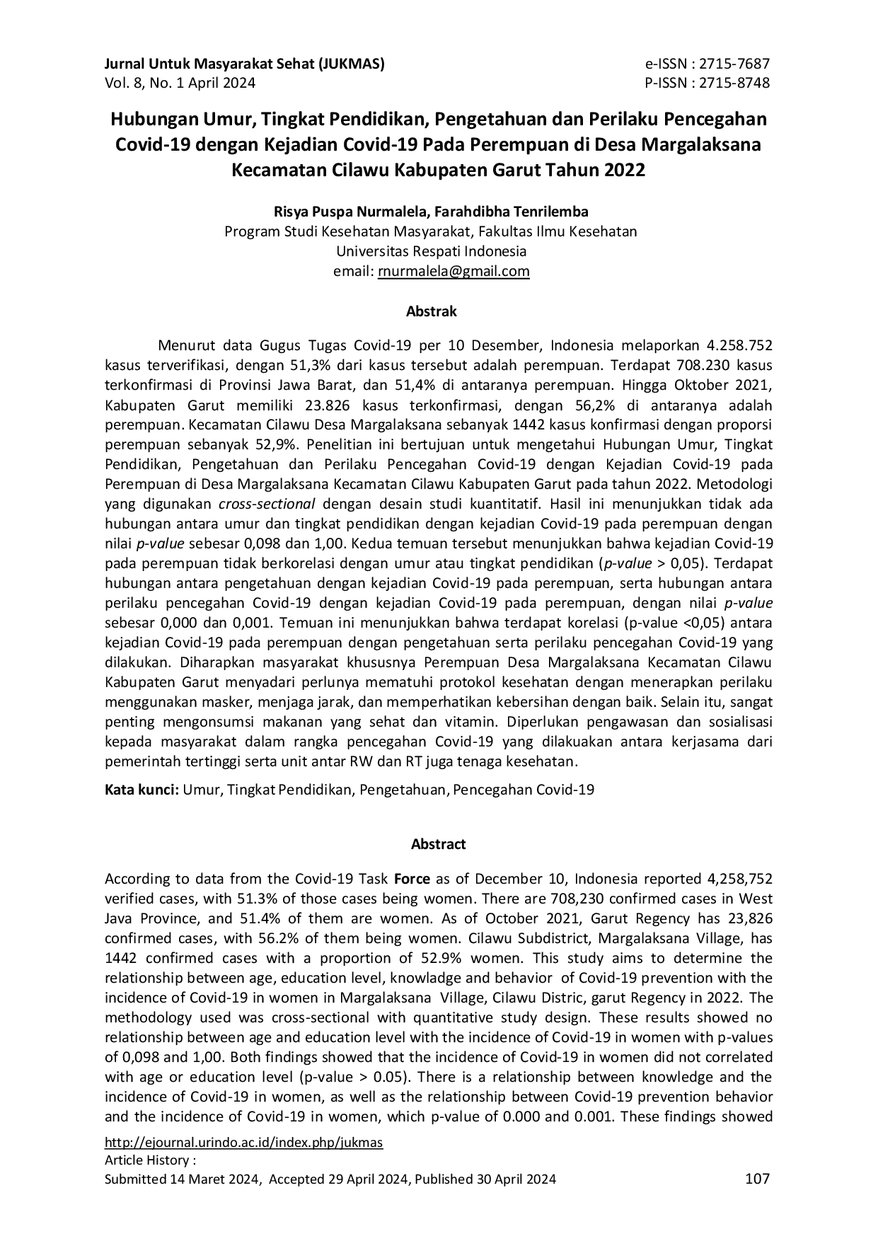 JURIS Hubungan Umur Tingkat Pendidikan Pengetahuan dan Perilaku Pencegahan Covid 19 dengan Kejadian Covid 19 Pada Perempuan di Desa Margalaksana Kecamatan Cilawu Kabupaten Garut Tahun 2022