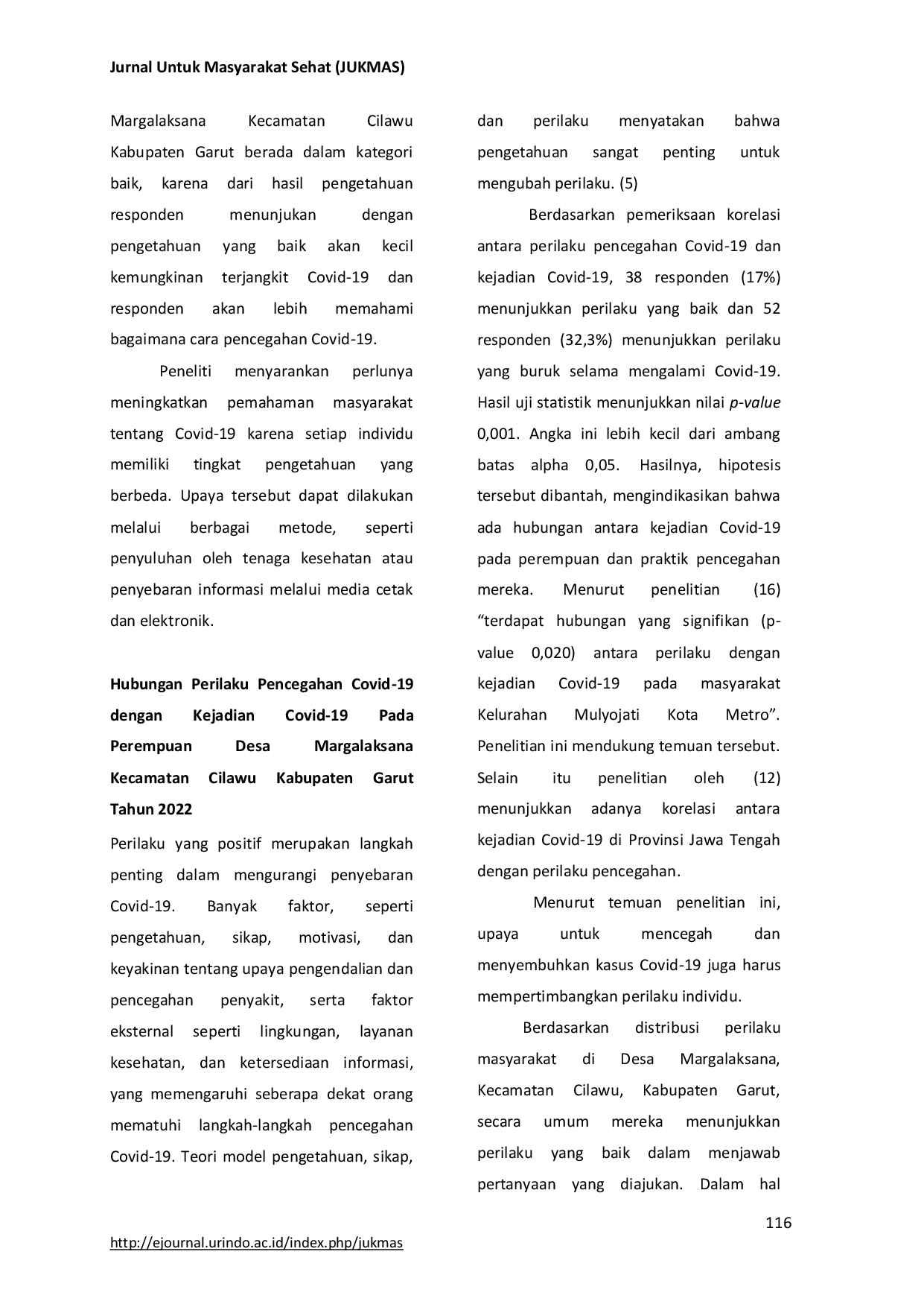 JURIS Hubungan Umur Tingkat Pendidikan Pengetahuan dan Perilaku Pencegahan Covid 19 dengan Kejadian Covid 19 Pada Perempuan di Desa Margalaksana Kecamatan Cilawu Kabupaten Garut Tahun 2022