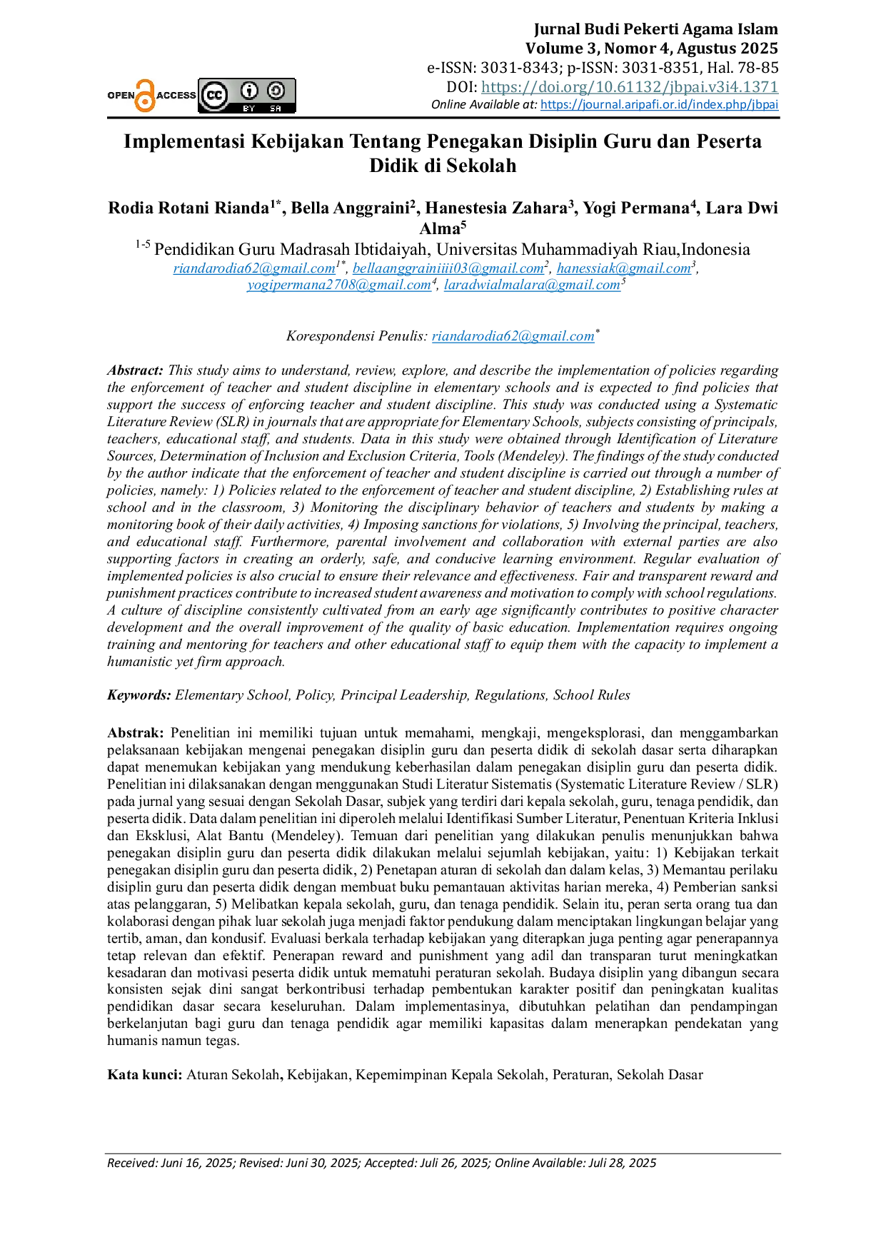 JURIS Implementasi Kebijakan Tentang Penegakan Disiplin Guru dan Peserta Didik di Sekolah