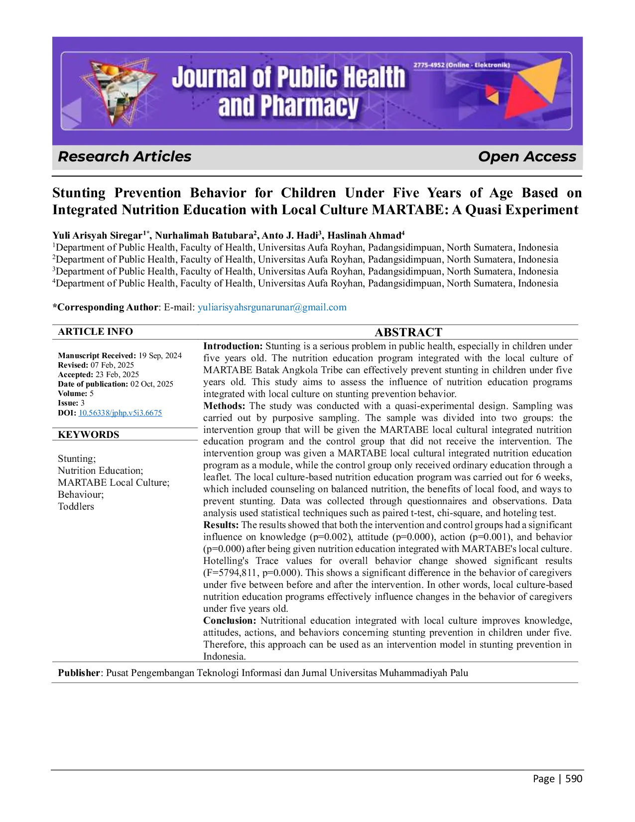 JURIS Stunting Prevention Behavior for Children Under Five Years of Age Based on Integrated Nutrition Education with Local Culture MARTABE A Quasi Experiment