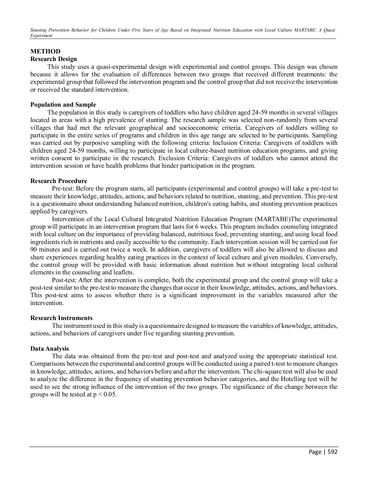 JURIS Stunting Prevention Behavior for Children Under Five Years of Age Based on Integrated Nutrition Education with Local Culture MARTABE A Quasi Experiment
