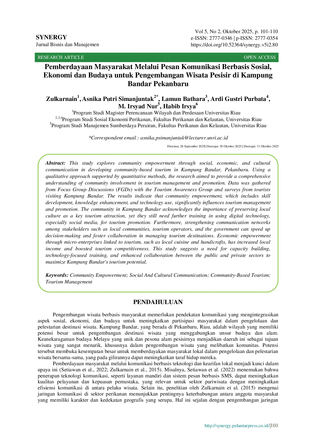 JURIS Pemberdayaan Masyarakat Melalui Pesan Komunikasi Berbasis Sosial Ekonomi dan Budaya untuk Pengembangan Wisata Pesisir di Kampung Bandar Pekanbaru