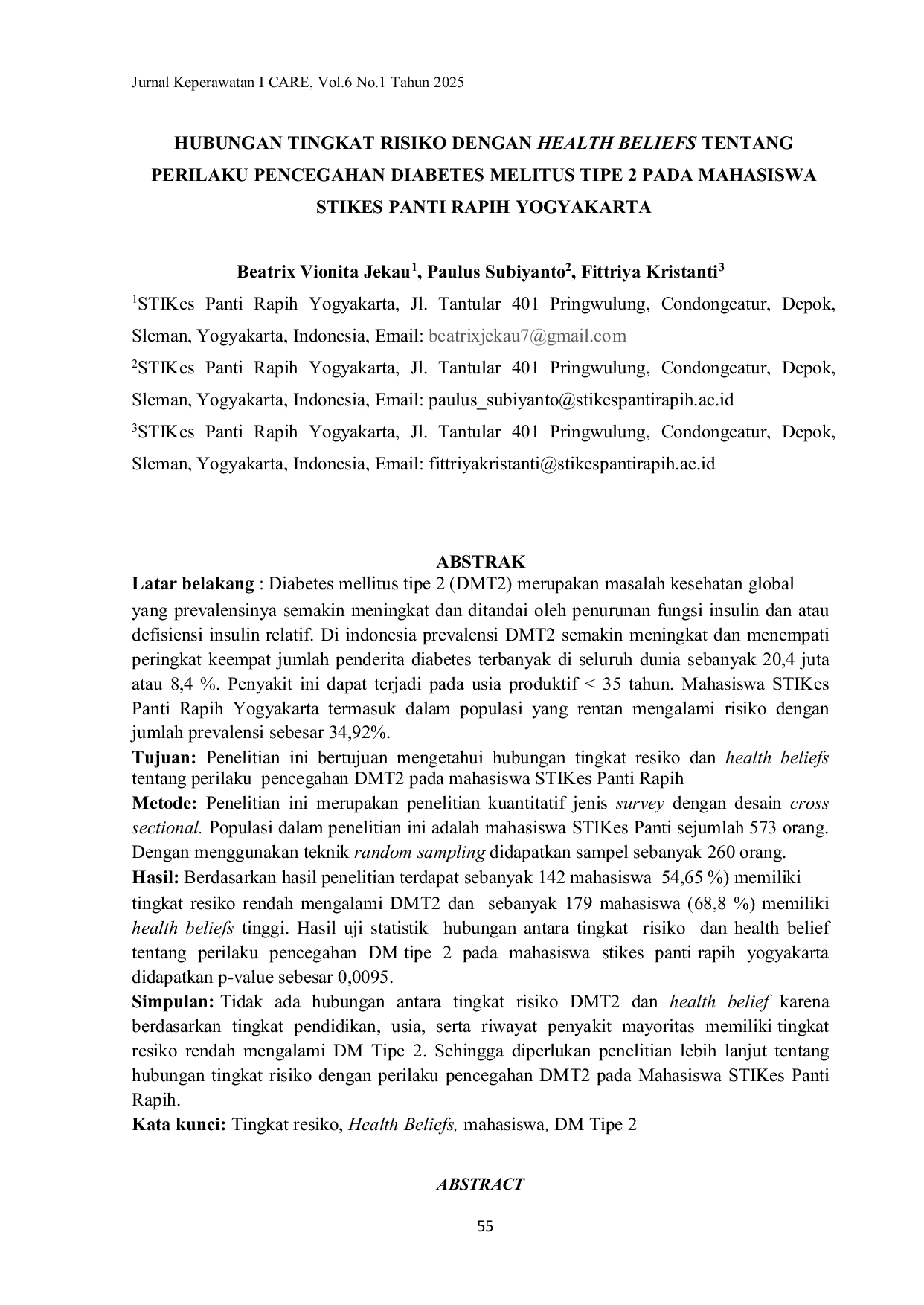 JURIS Hubungan Tingkat Risiko Dengan Health Beliefs Tentang Perilaku Pencegahan Diabetes Melitus Tipe 2 Pada Mahasiswa STIKes Panti Rapih Yogyakarta