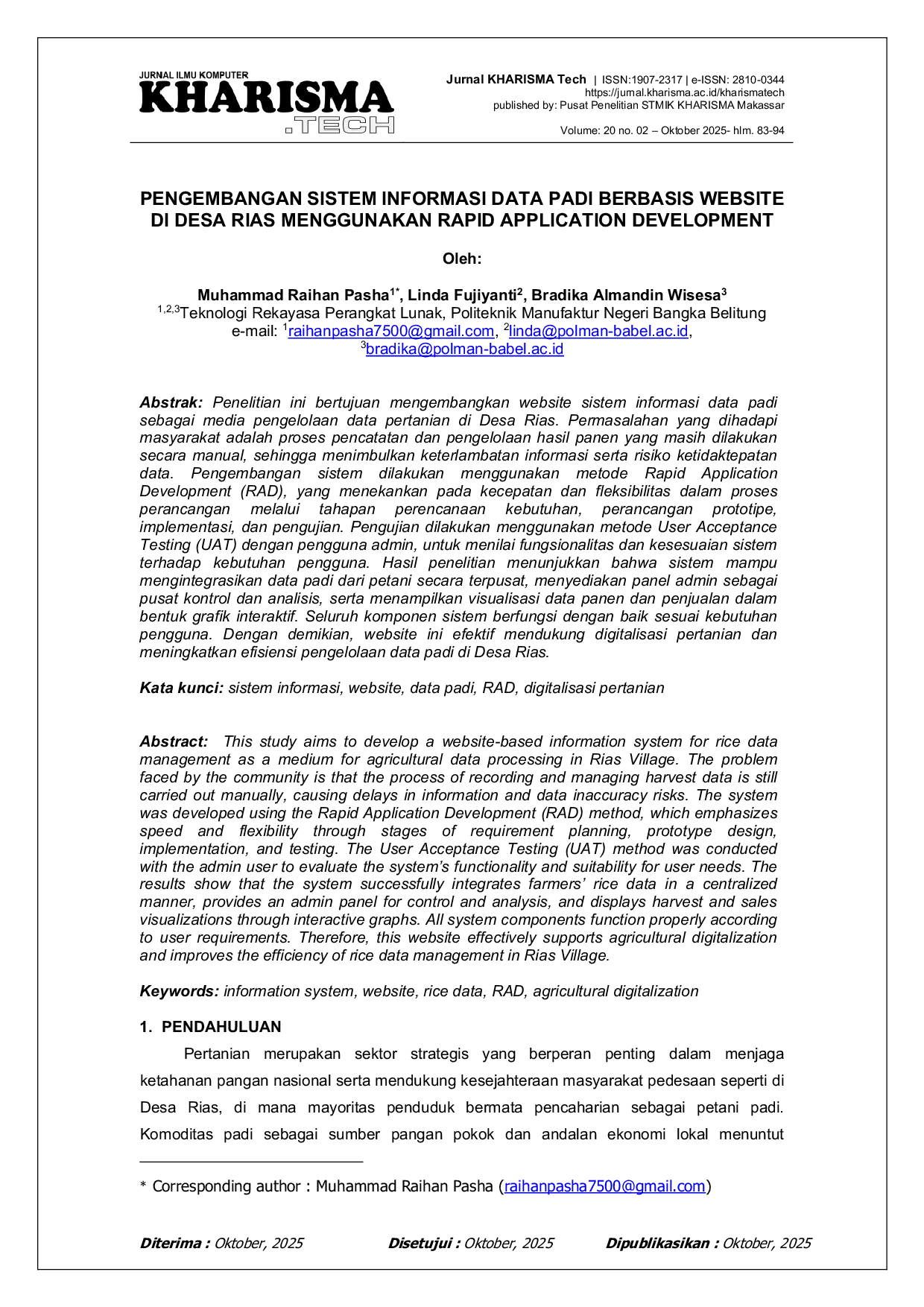 JURIS Pengembangan Sistem Informasi Data Padi Berbasis Website Di Desa Rias Menggunakan Rapid Application Development