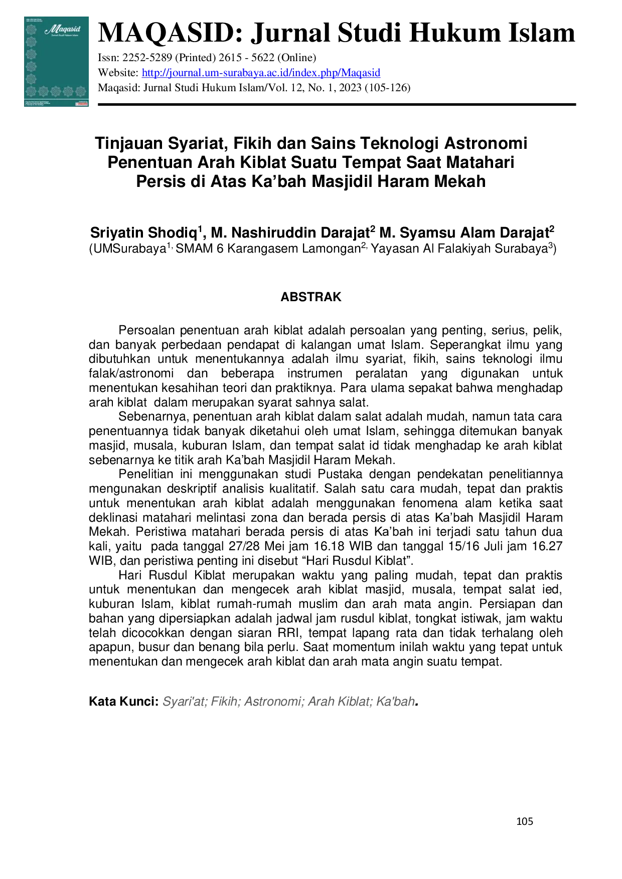 JURIS Tinjauan Syariat Fikih dan Sains Teknologi Astronomi Penentuan Arah Kiblat Suatu Tempat Saat Matahari Persis di Atas Ka bah Masjidil Haram Mekah