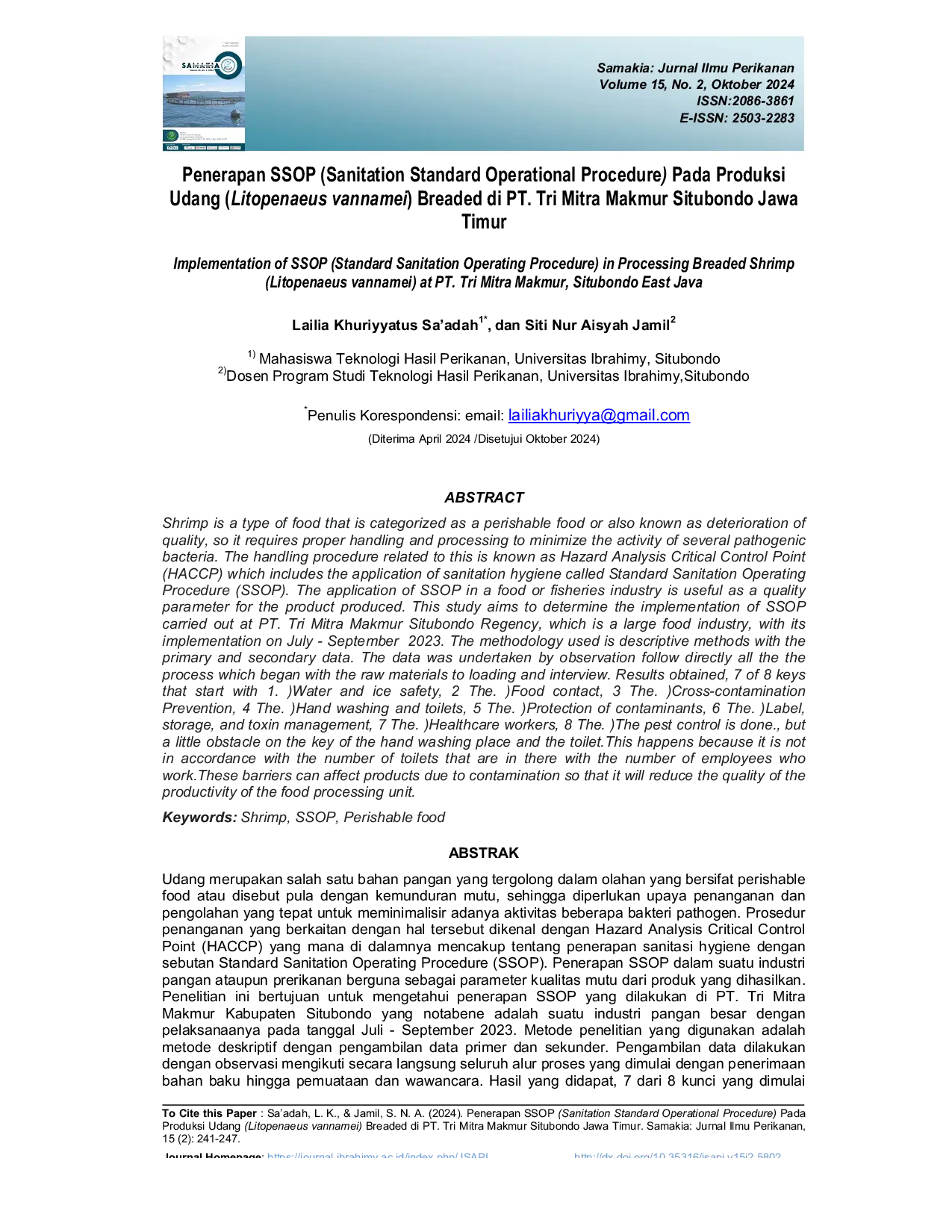 JURIS Penerapan SSOP Sanitation Standard Operational Procedure Pada Produksi Udang Litopenaeus vannamei Breaded di PT Tri Mitra Makmur Situbondo Jawa Timur
