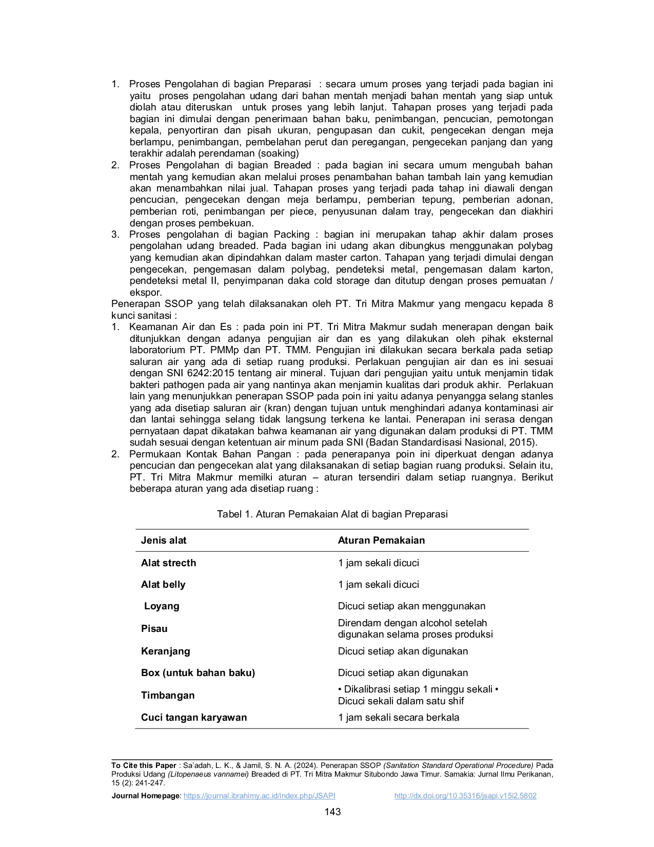 JURIS Penerapan SSOP Sanitation Standard Operational Procedure Pada Produksi Udang Litopenaeus vannamei Breaded di PT Tri Mitra Makmur Situbondo Jawa Timur