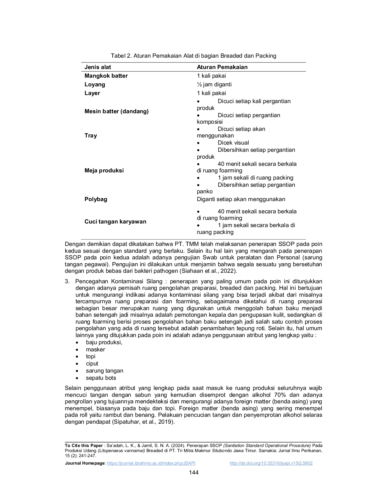 JURIS Penerapan SSOP Sanitation Standard Operational Procedure Pada Produksi Udang Litopenaeus vannamei Breaded di PT Tri Mitra Makmur Situbondo Jawa Timur