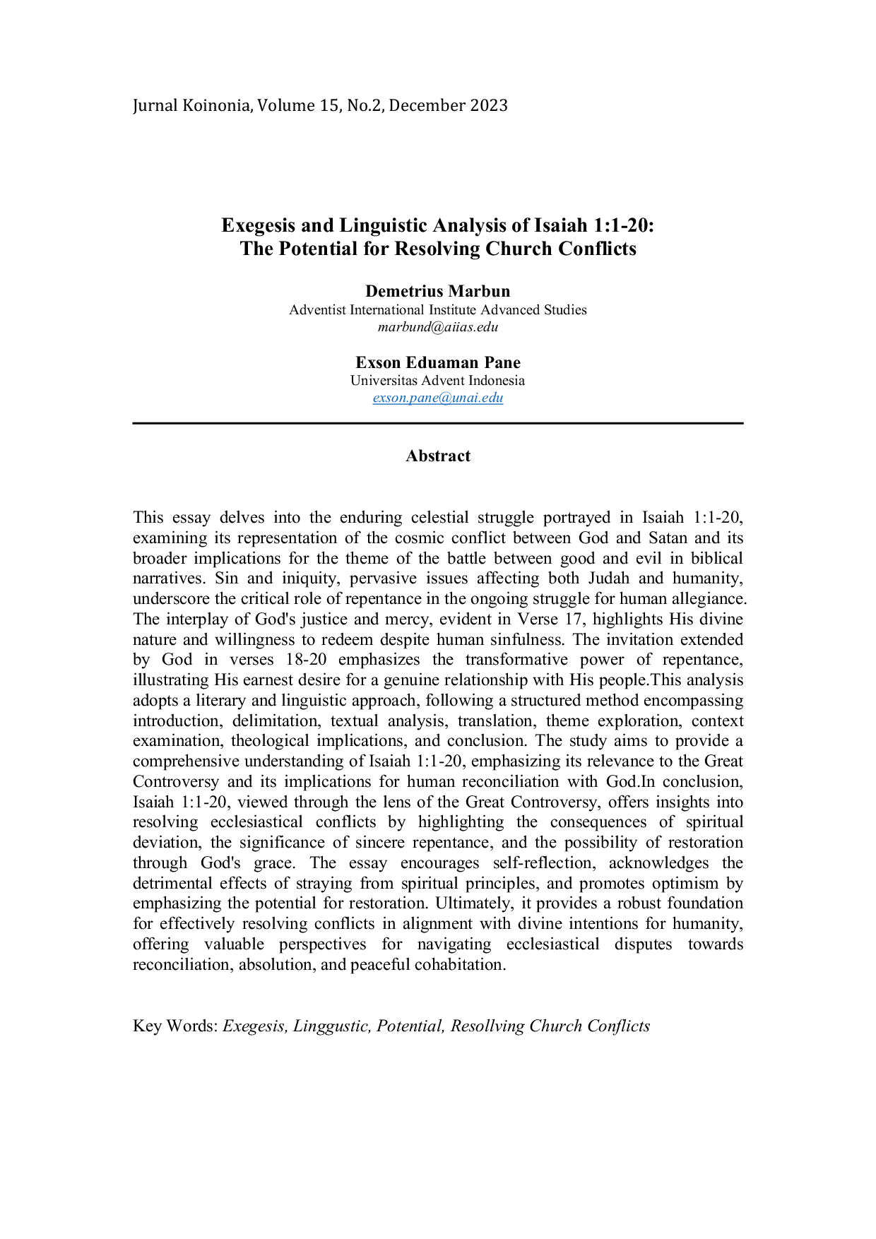 JURIS Exegesis and Linguistic Analysis of Isaiah 1 1 20 The Potential for Resolving Church Conflicts