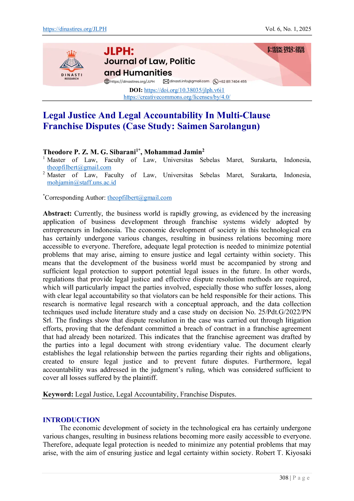 JURIS Legal Justice and Legal Accountability in Multi Clause Franchise Disputes Case Study Saimen Sarolangun